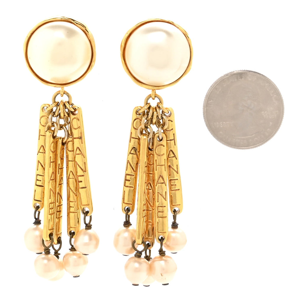 Pearl Baroque Dangle 3.5" Clip Earrings Gold White