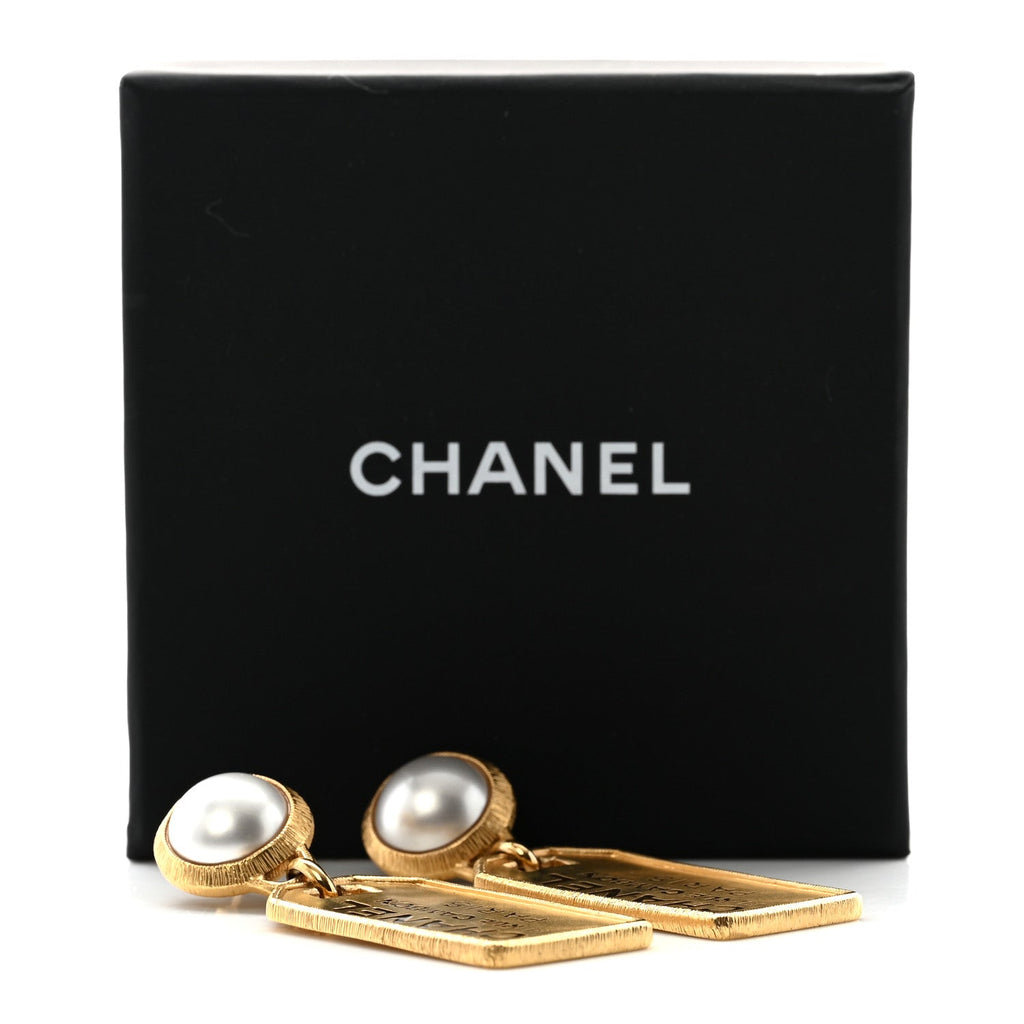 Pearl CC Tags Drop Earrings Gold