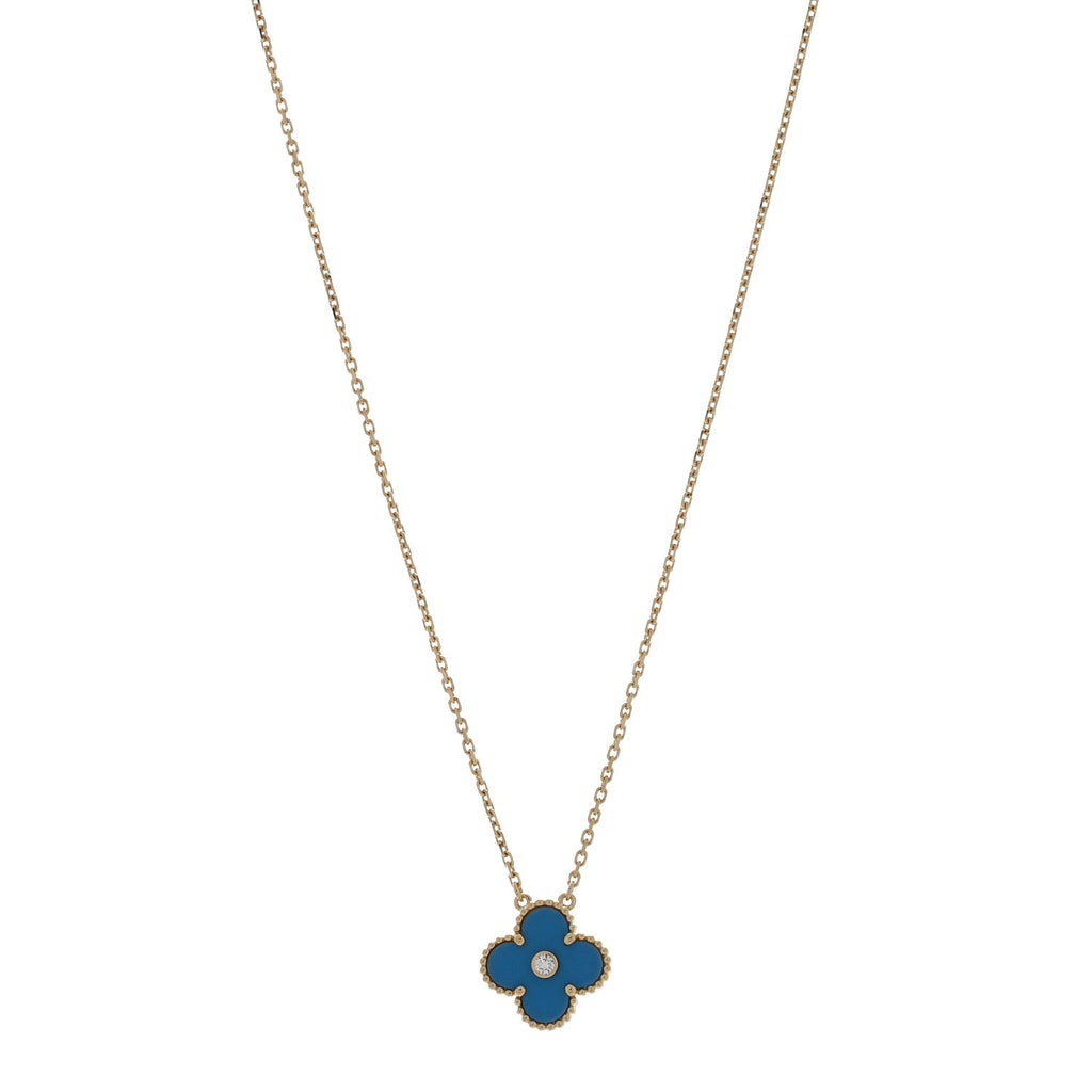18K Yellow Gold Diamond Celestial Blue Sevres Porcelain Vintage Alhambra Pendant Necklace