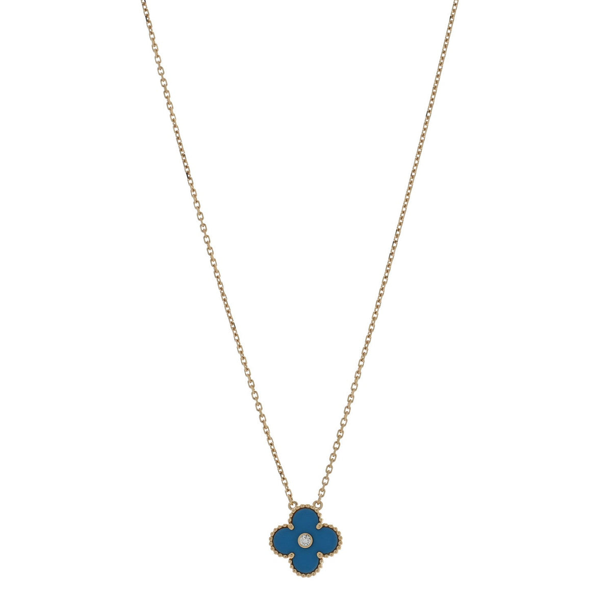 18K Yellow Gold Diamond Celestial Blue Sevres Porcelain Vintage Alhambra Pendant Necklace