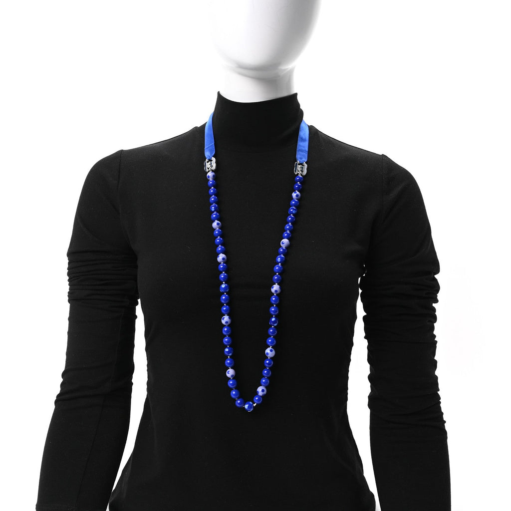 Pearl Beaded Ribbon Necklace Blue