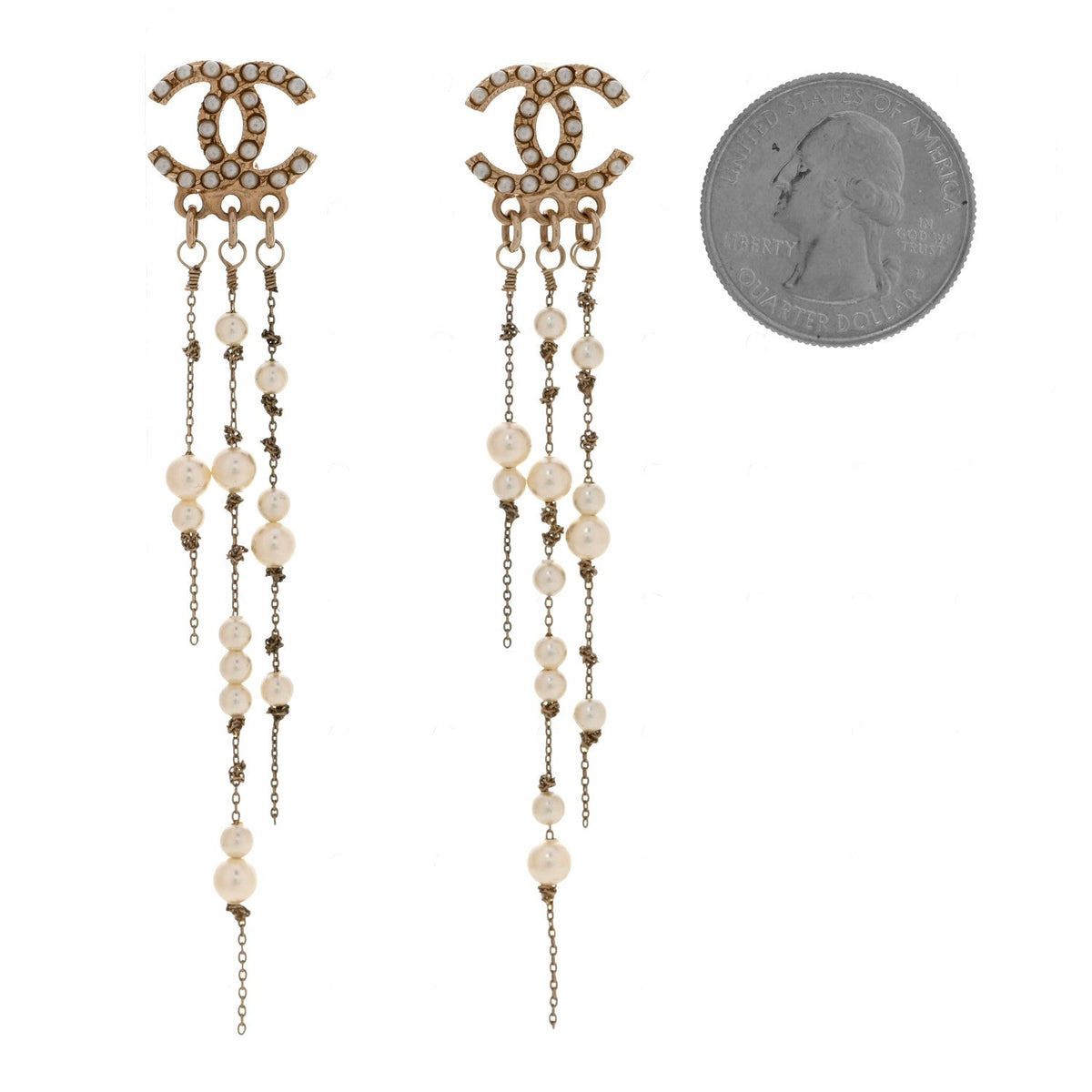 Pearl CC Long Chain Drop Earrings Gold