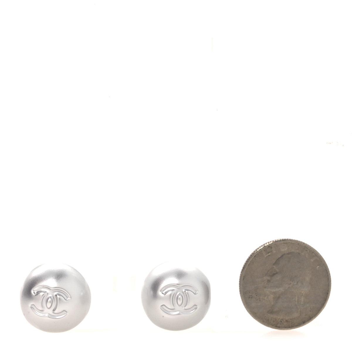 Resin Metal CC Stud Earrings Silver Pearly White