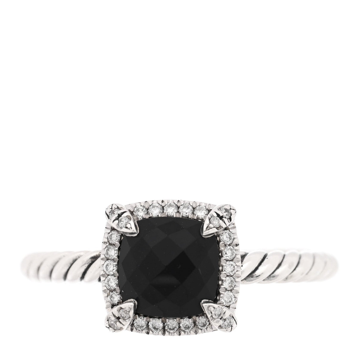 Sterling Silver Diamond Black Onyx 7mm Petite Chatelaine Pave Bezel Ring 56 7.75