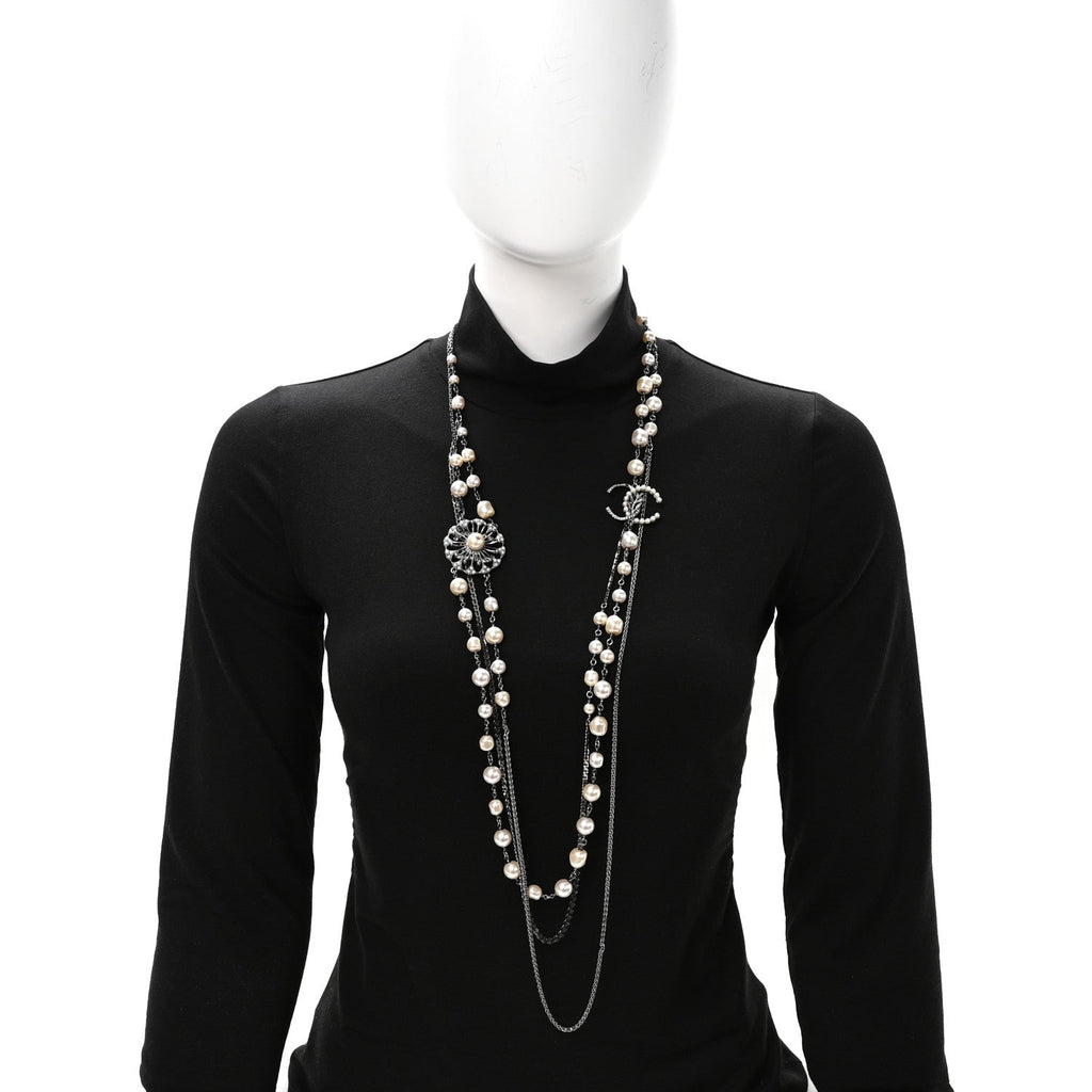 Glass Pearl Crystal CC Leaf Multi Strand Long Necklace Ruthenium