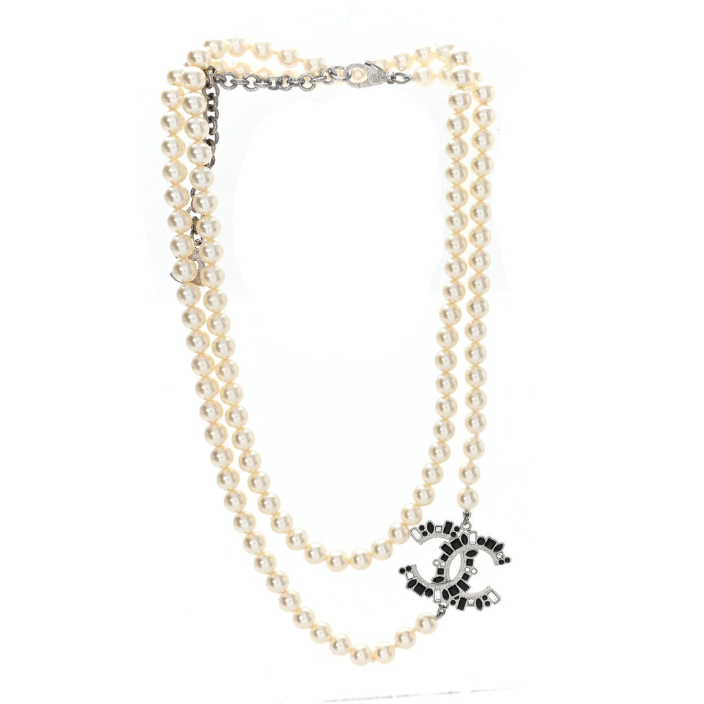 Pearl Bead Crystal CC Long Necklace White Silver Black