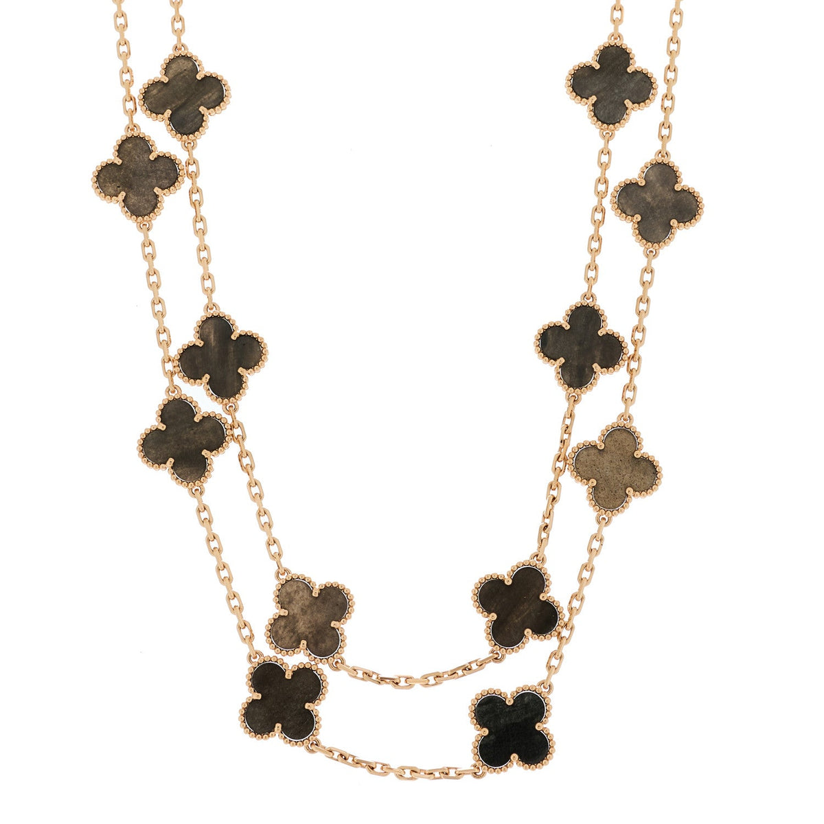 18K Rose Gold Silver Obsidian 20 Motifs Vintage Alhambra Necklace