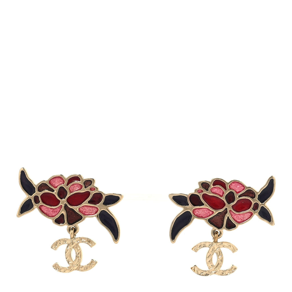 Metal Enamel CC Camellia Earrings Pink Gold Multicolor