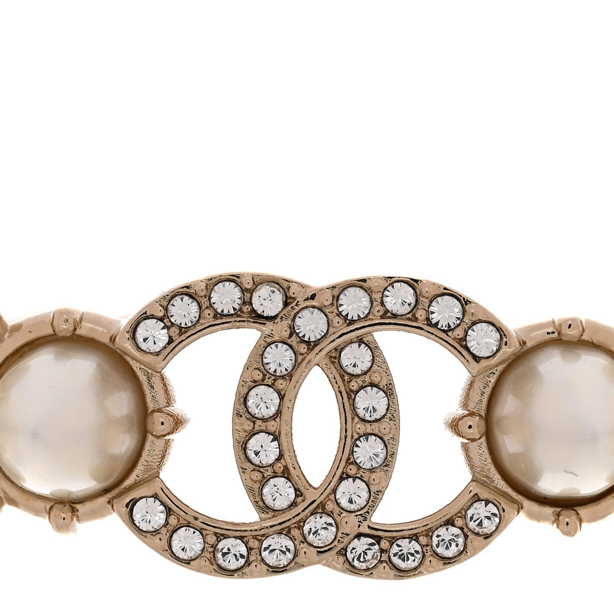 Strass Crystal Studded Pearl CC Choker Necklace Gold Pearly White