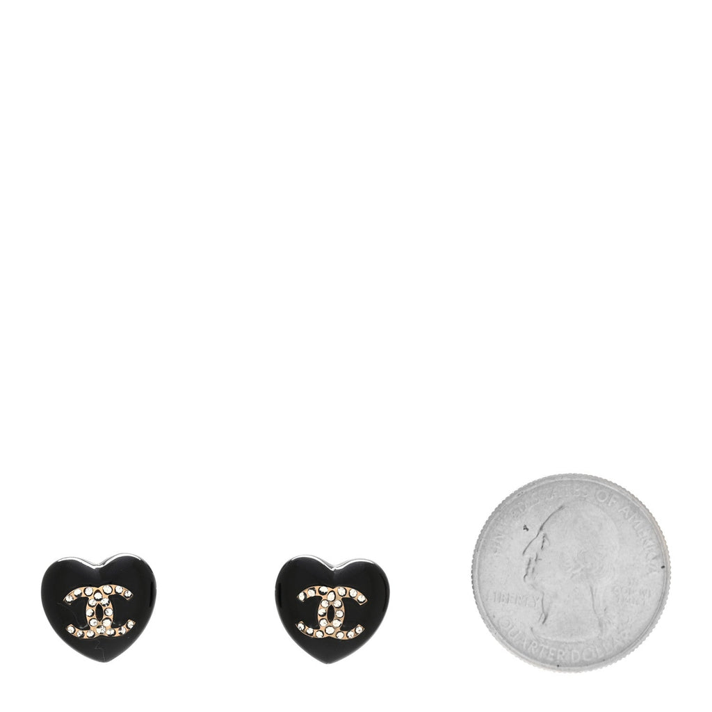 Resin Crystal CC Heart Earrings Black Gold