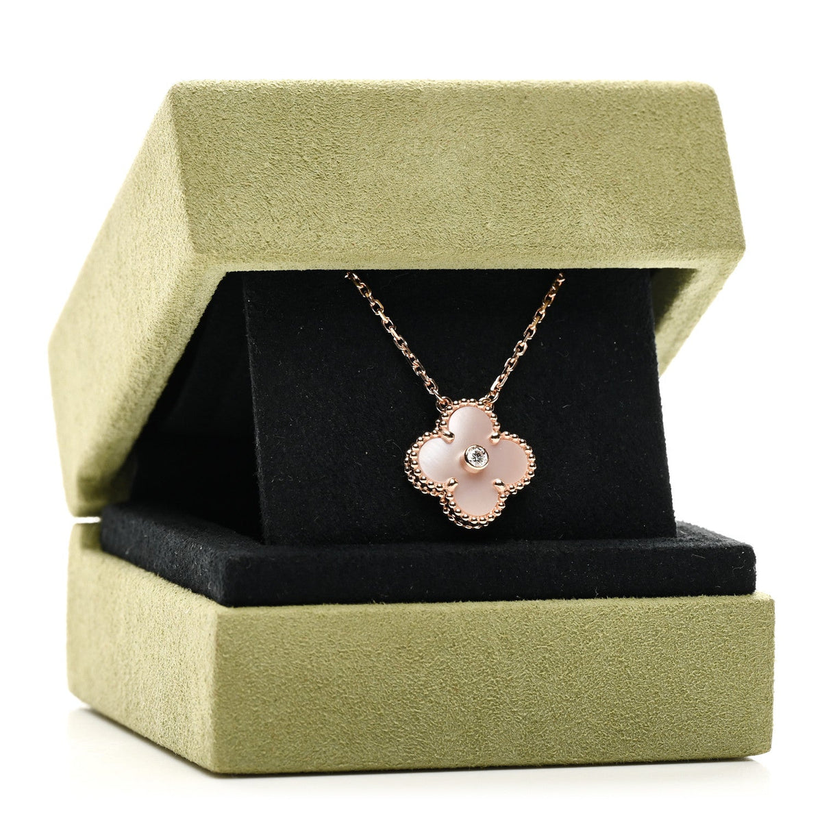 VAN CLEEF &amp; ARPELS 18K Rose Gold Diamond Pink Mother of Pearl Vintage Alhambra Pendant Necklace