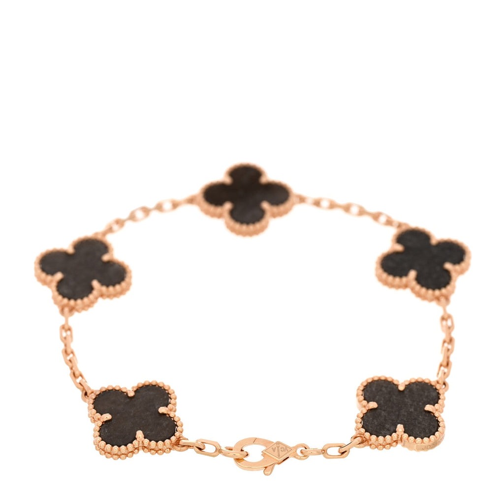 18K Rose Gold Silver Obsidian 5 Motifs Vintage Alhambra Bracelet