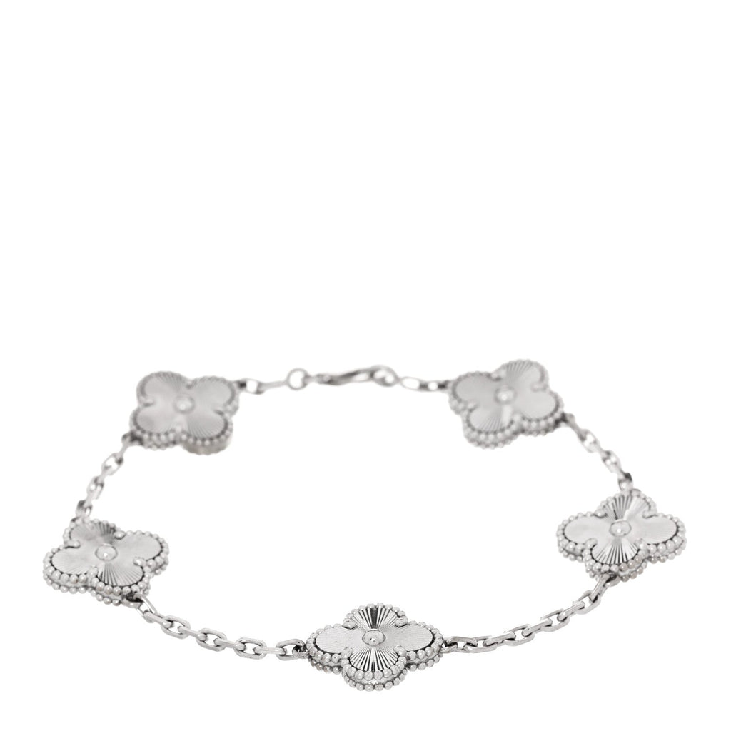18K White Gold 5 Motifs Guilloche Vintage Alhambra Bracelet