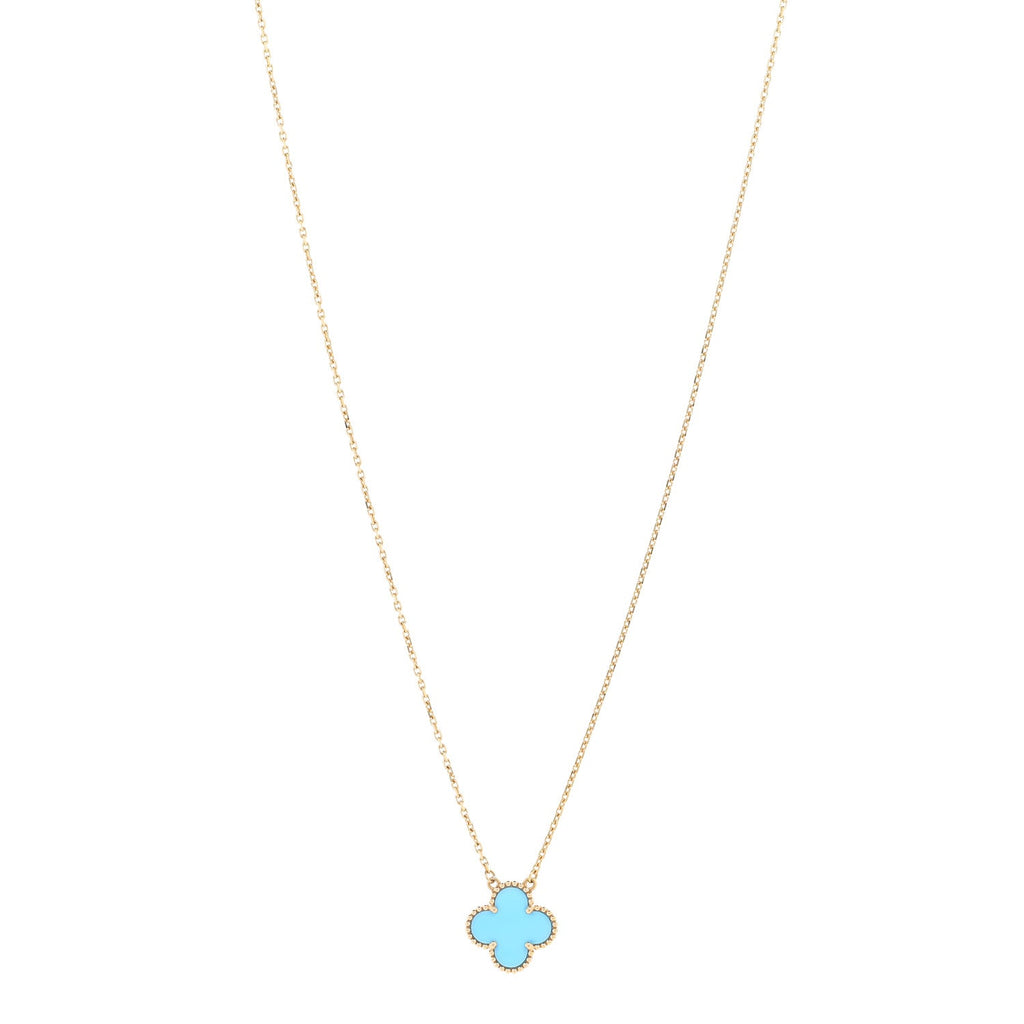18K Yellow Gold Blue Agate Vintage Alhambra Pendant Necklace