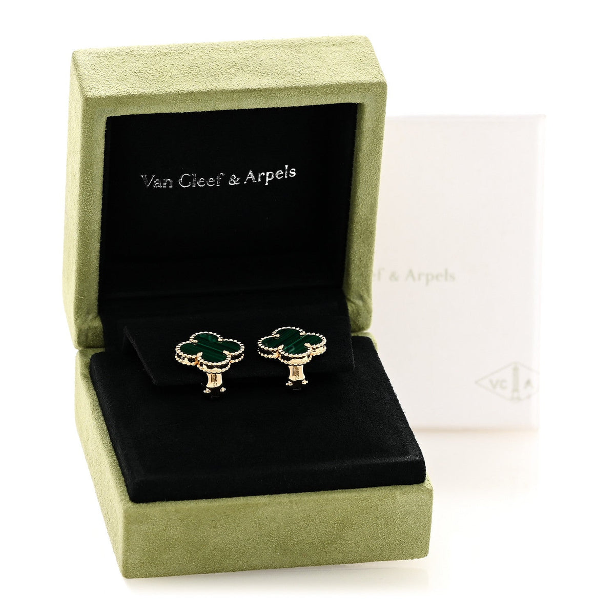 18K Yellow Gold Malachite Vintage Alhambra Earrings