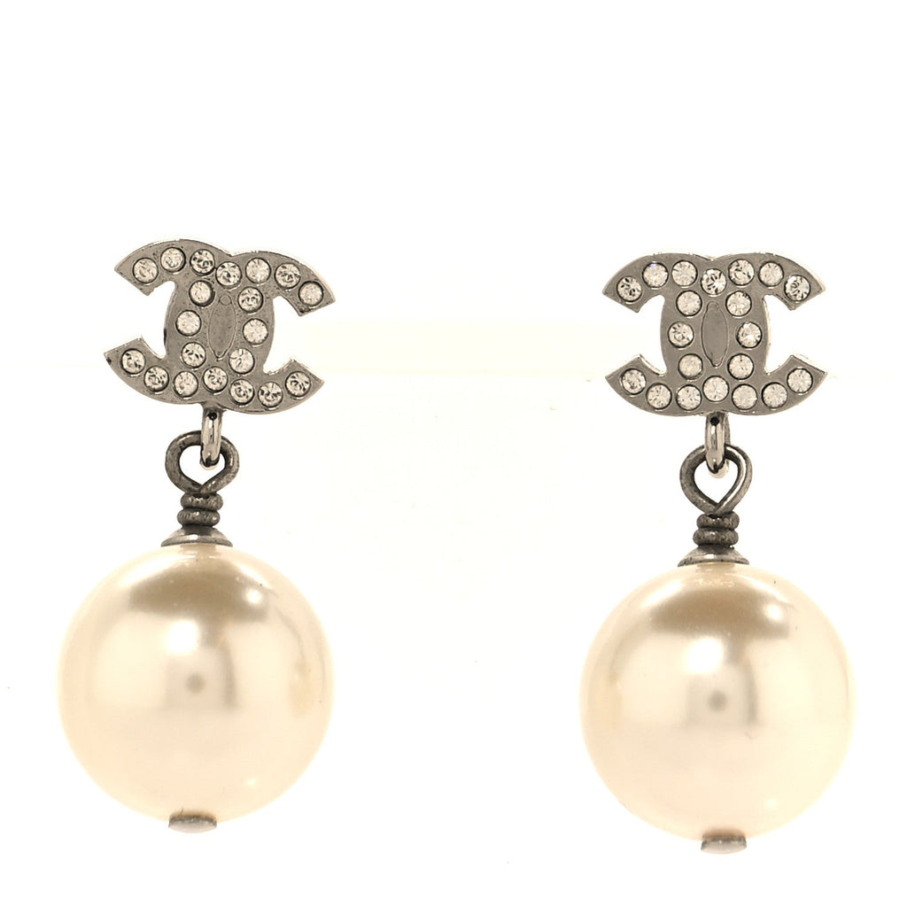 Crystal Pearl CC Drop Earrings Silver Pearly White