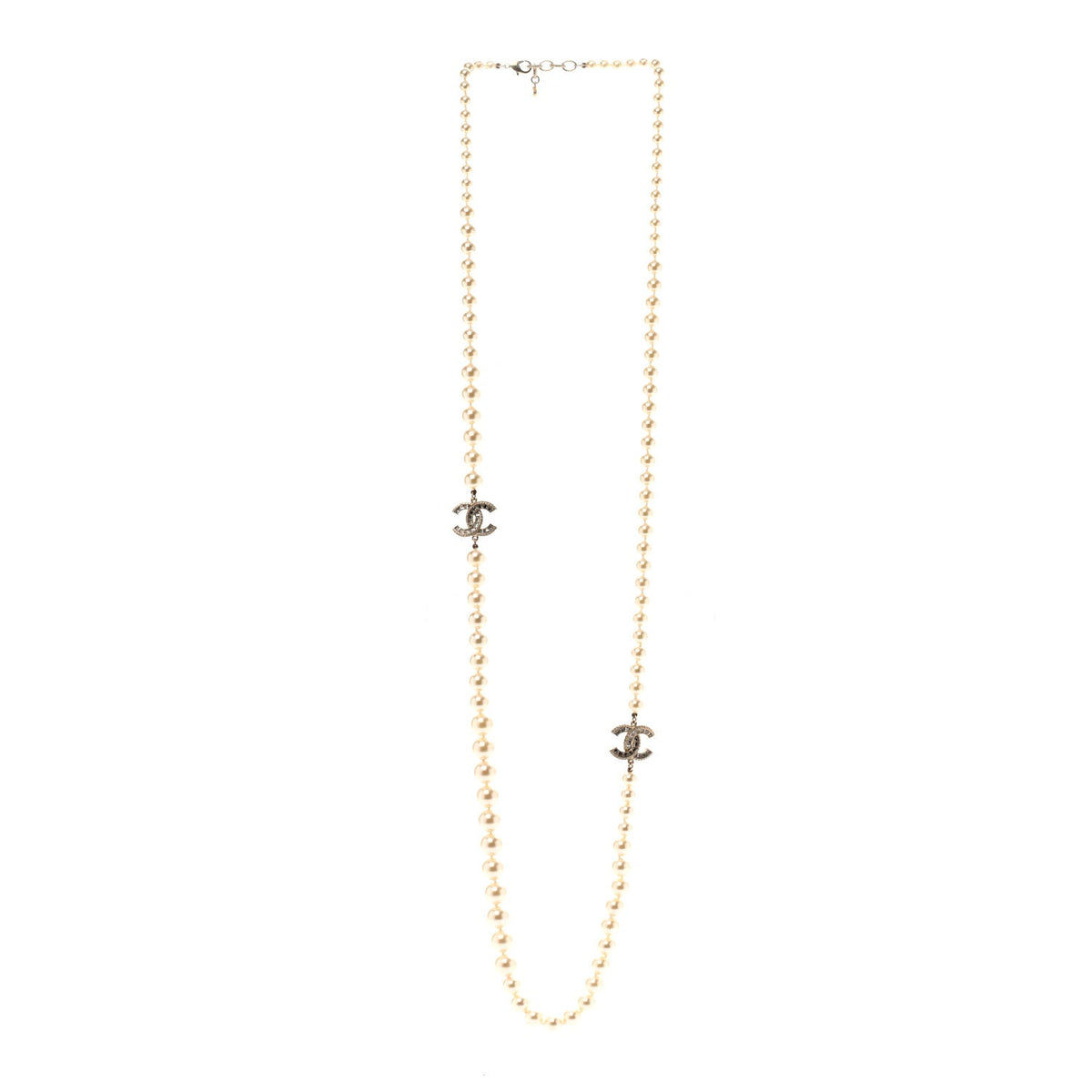 Pearl Baguette Crystal Long CC Necklace Gold