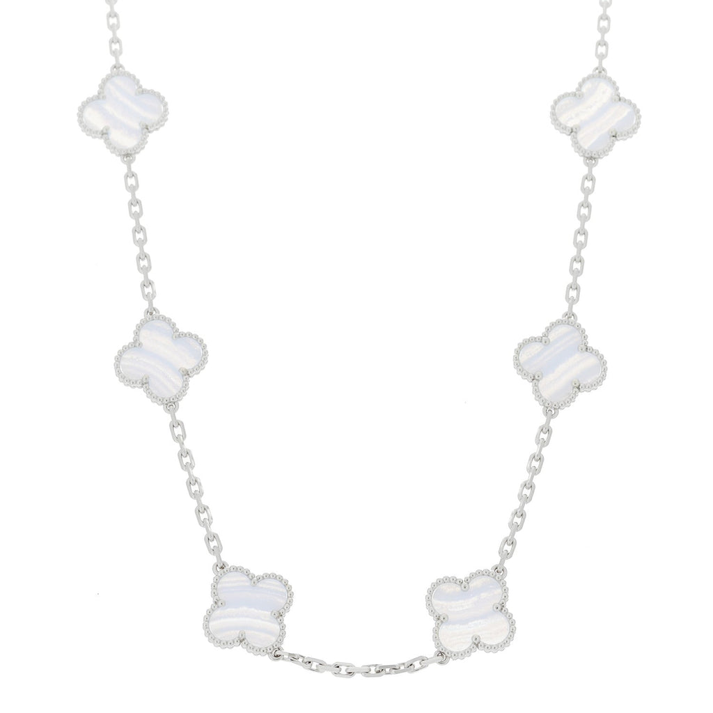 18K White Gold Chalcedony 10 Motifs Vintage Alhambra Necklace