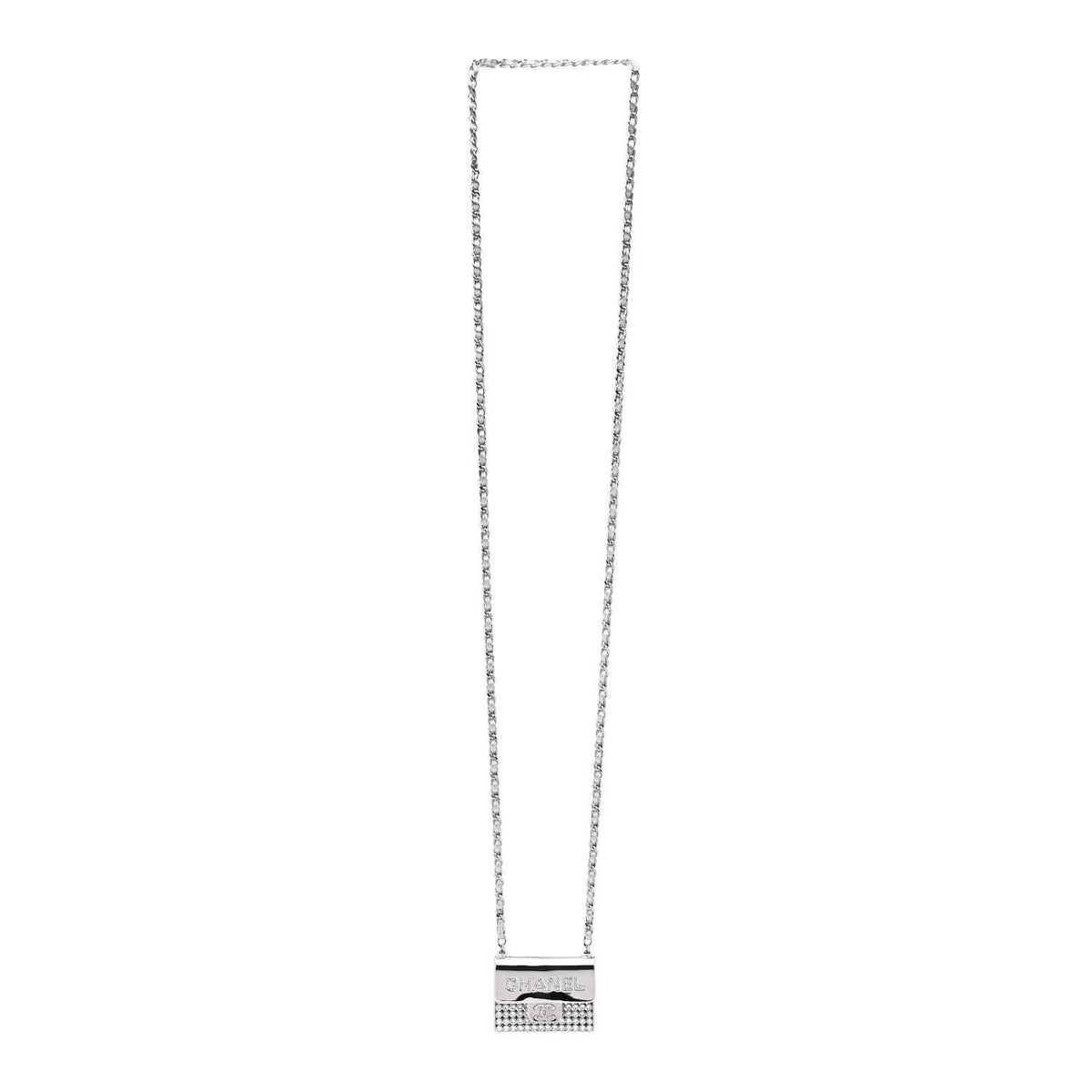 Metal Lambskin Strass Crystal Purse CC Long Necklace Silver