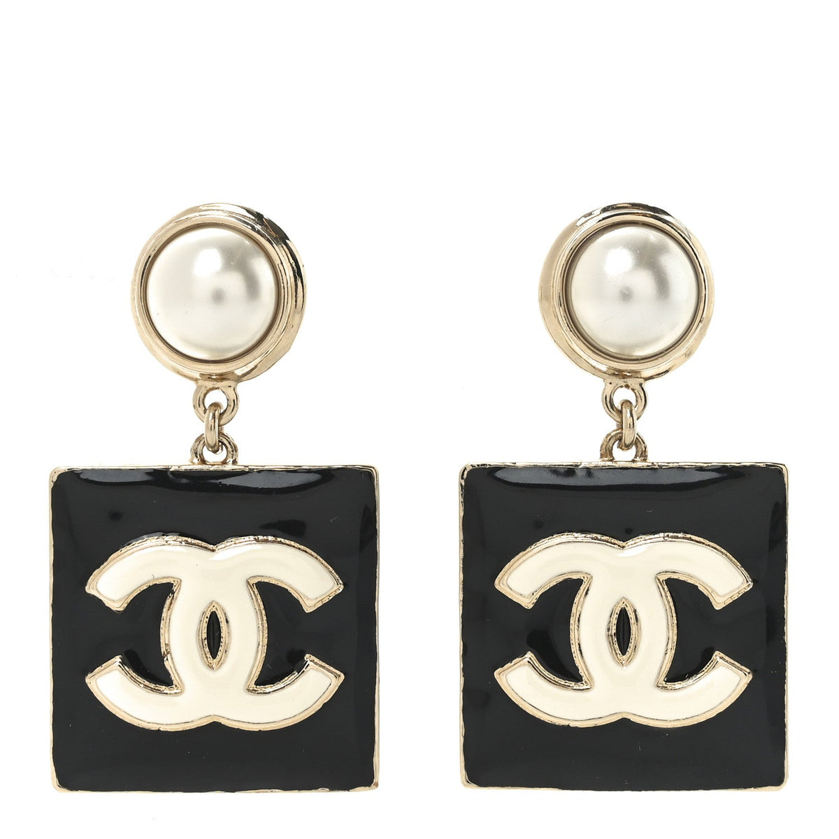 Metal Resin Pearl CC Drop Earrings Gold Black White