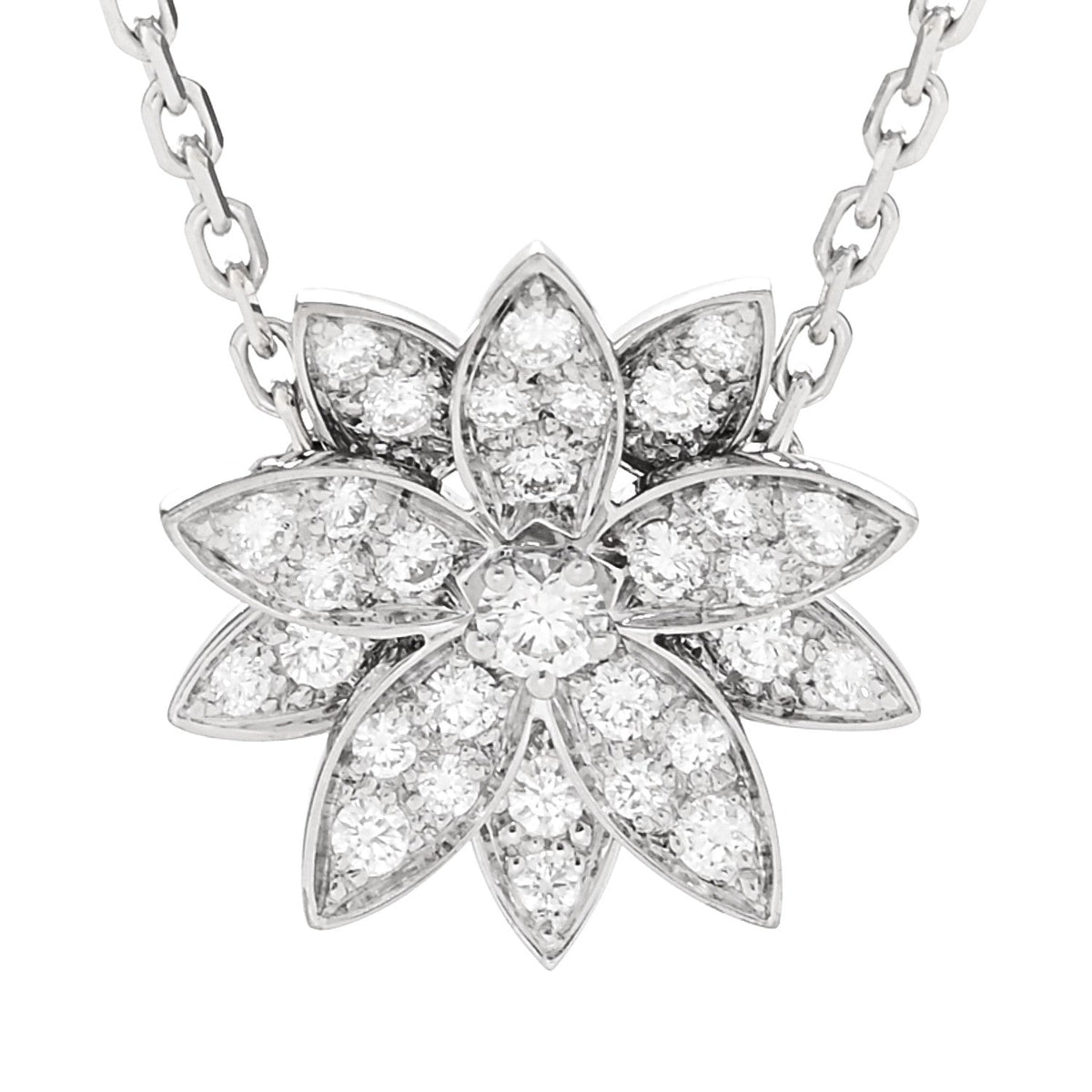 18K White Gold Diamond Small Lotus Pendant Necklace