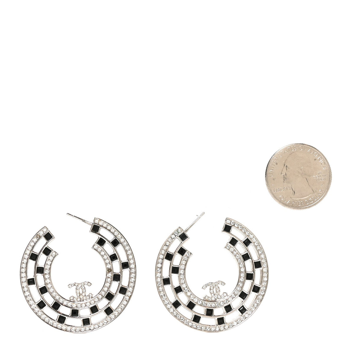 Baguette Crystal CC Hoop Earrings Silver Black