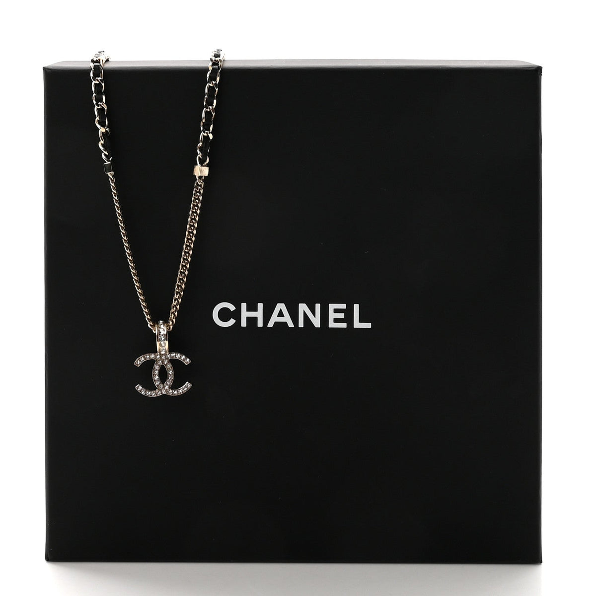 Lambskin Crystal CC Chain Pendant Necklace Black Gold