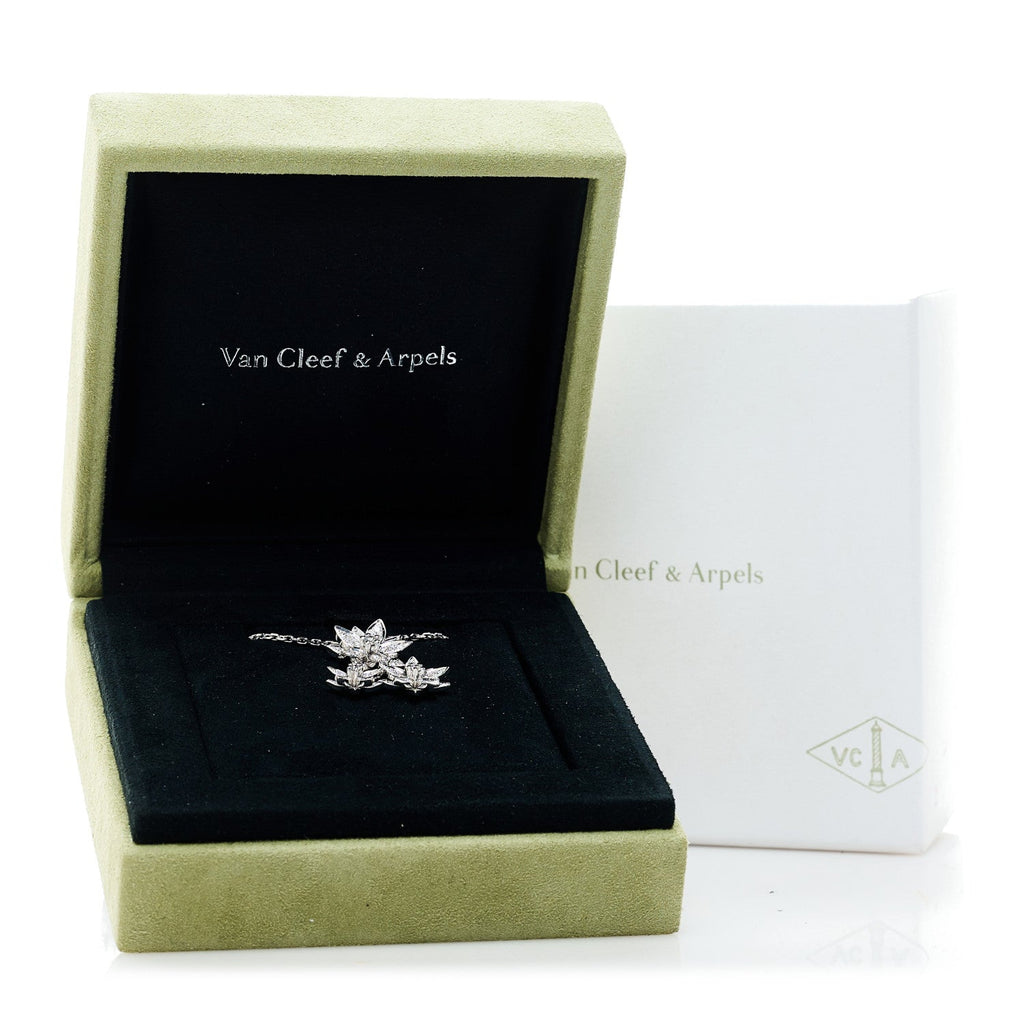 18K White Gold Diamond Lotus 3 Flowers Pendant Necklace