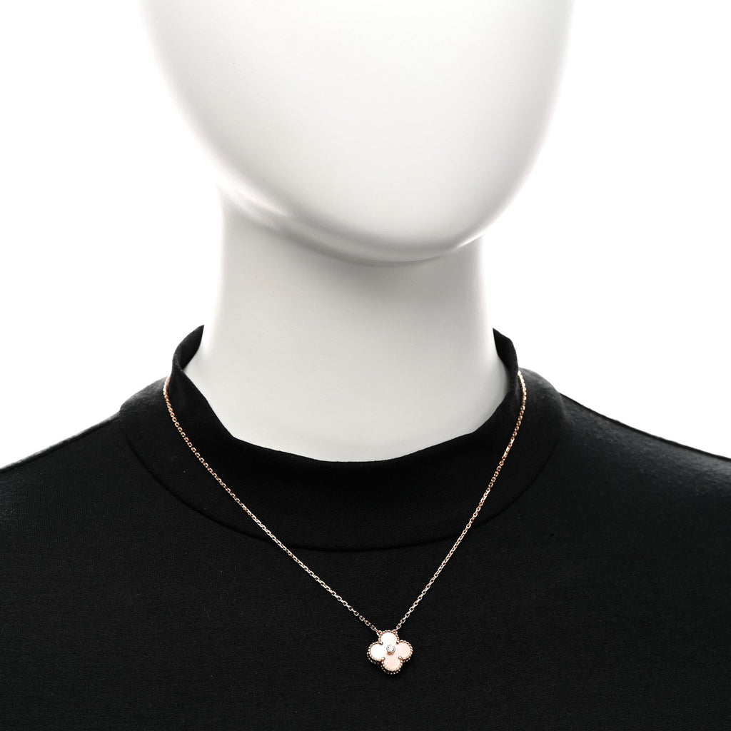 VAN CLEEF &amp; ARPELS 18K Rose Gold Diamond Pink Mother of Pearl Vintage Alhambra Pendant Necklace