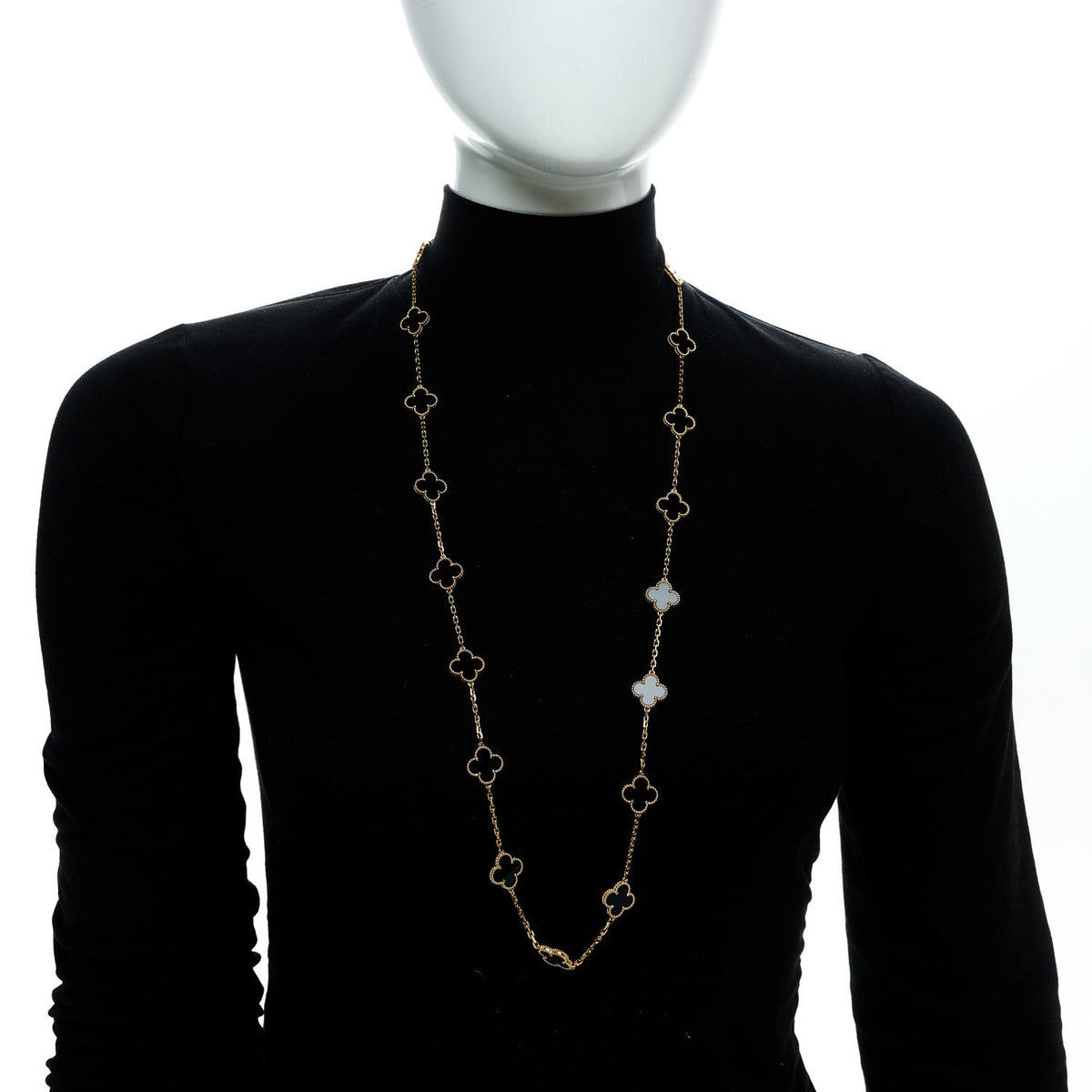 18K Yellow Gold Black Onyx 20 Motifs Vintage Alhambra Necklace