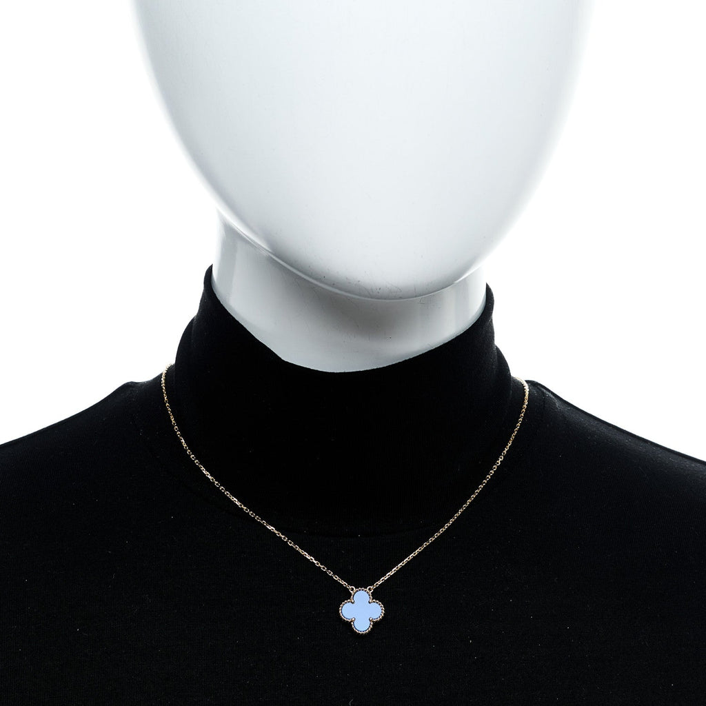 18K Yellow Gold Blue Agate Vintage Alhambra Pendant Necklace