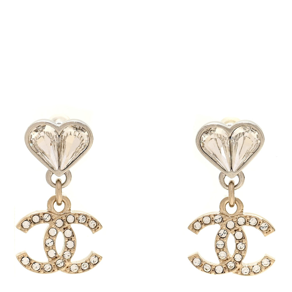 Crystal CC Heart Drop Earrings Gold Silver