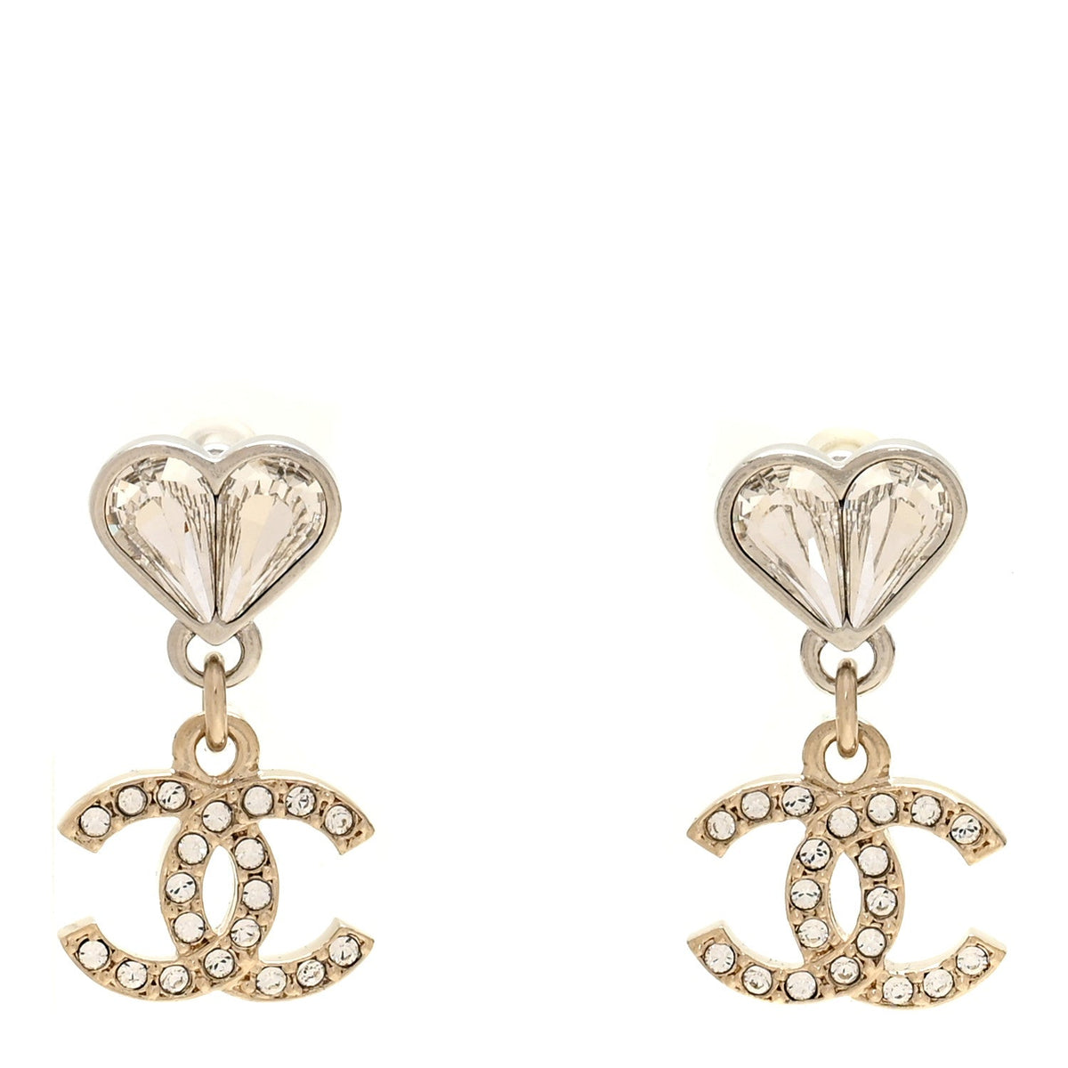 Crystal CC Heart Drop Earrings Gold Silver