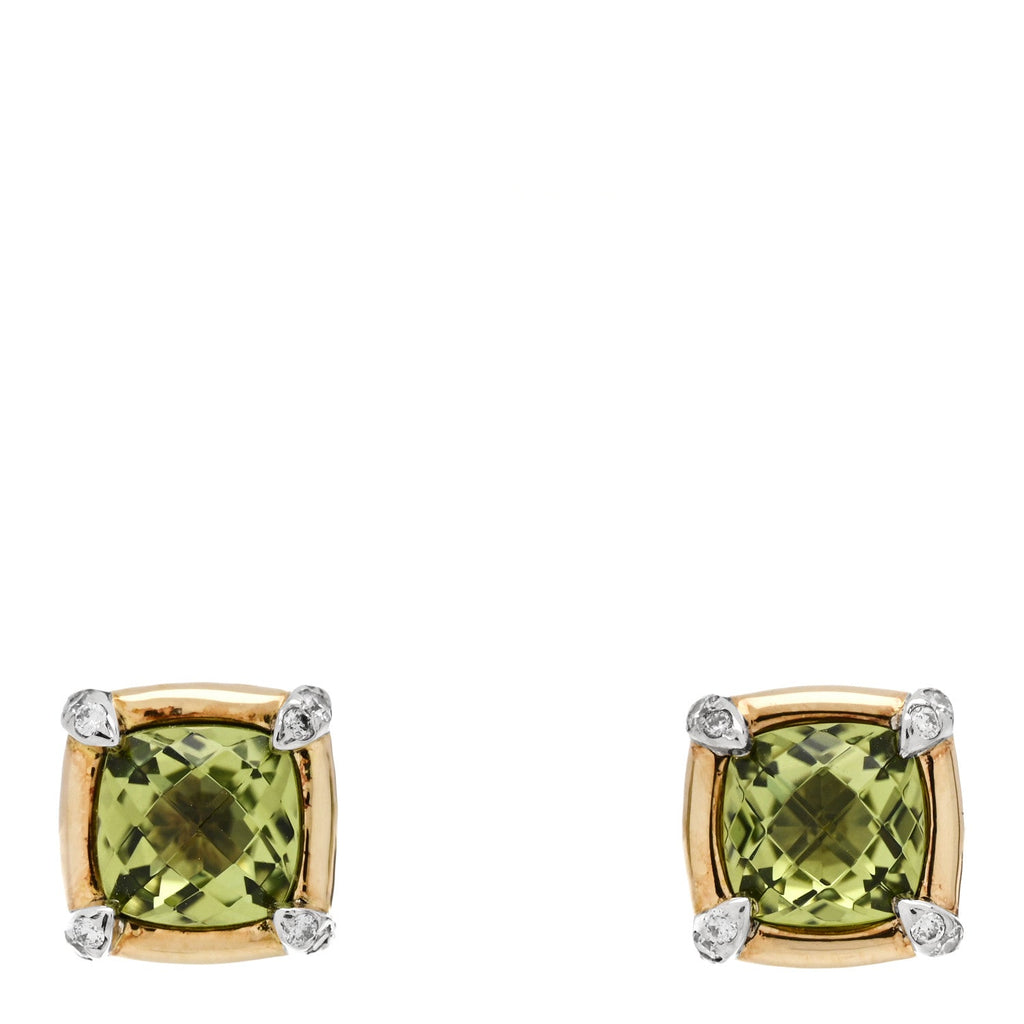 18K Yellow Gold Sterling Silver Diamond Peridot 5mm Petite Chatelaine Bezel Earrings