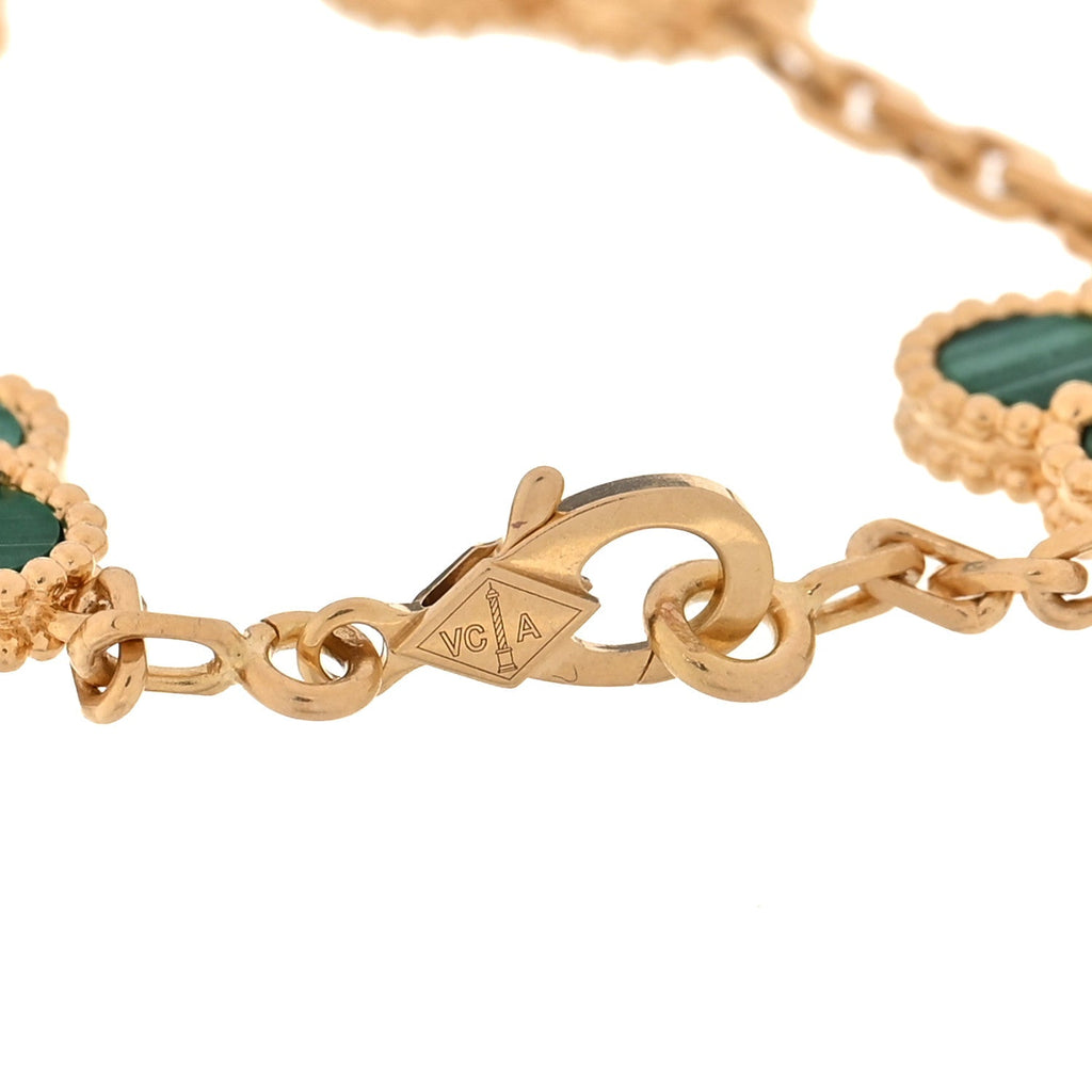 18K Yellow Gold Malachite 5 Motifs Vintage Alhambra Bracelet
