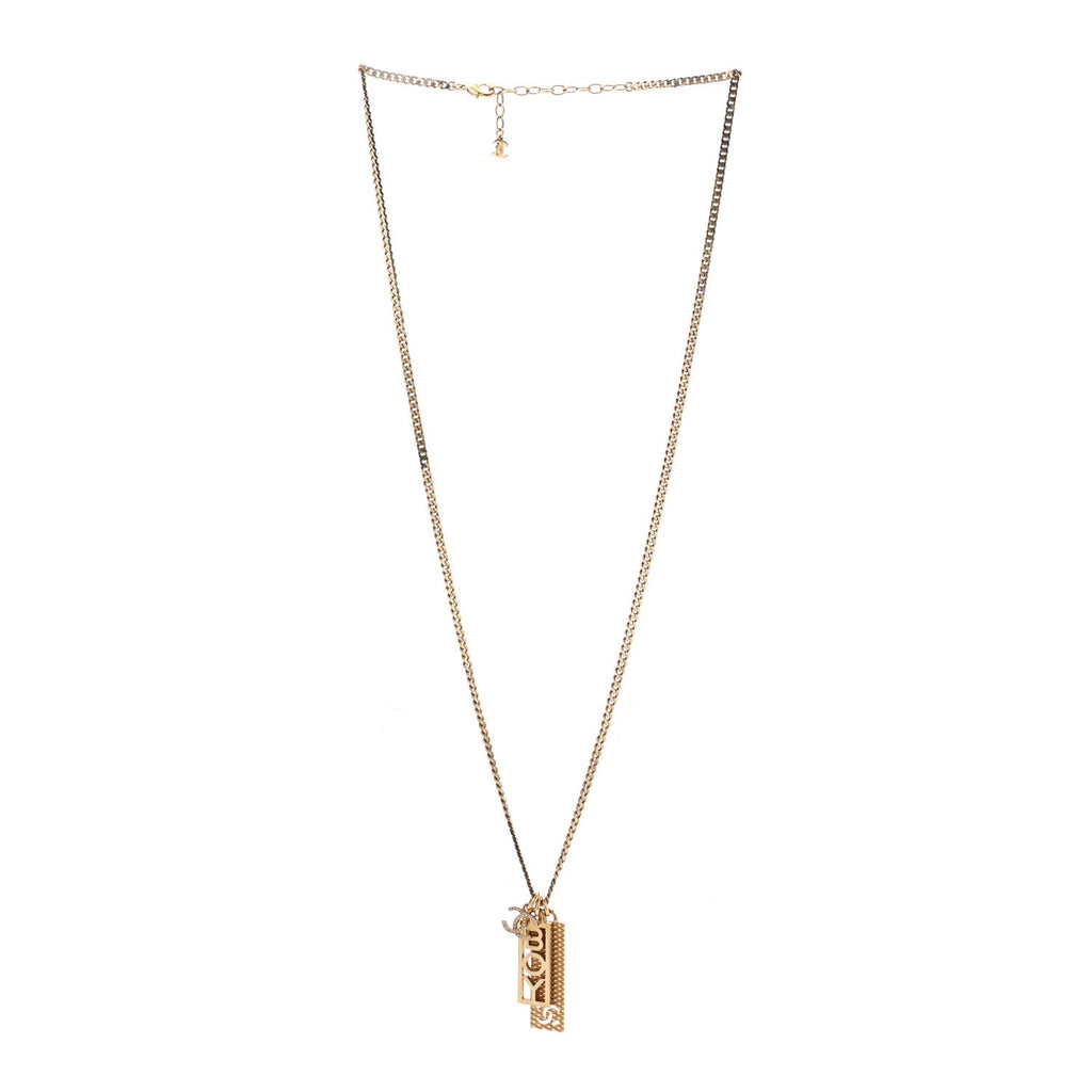 Metal Crystal CC Boy Pendant Long Necklace Gold