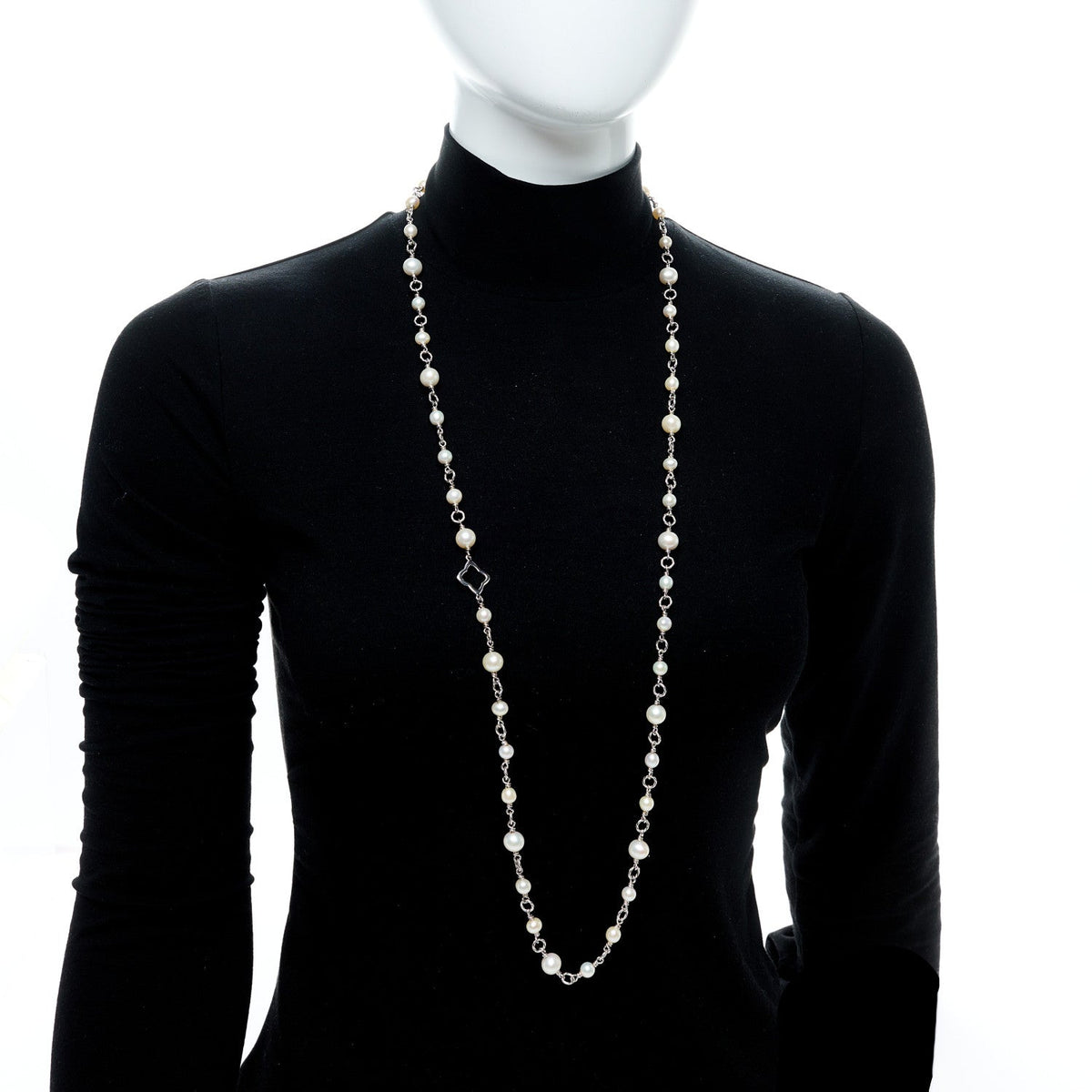 Sterling Silver Cultured Pearl Quatrefoil Long Chain Necklace
