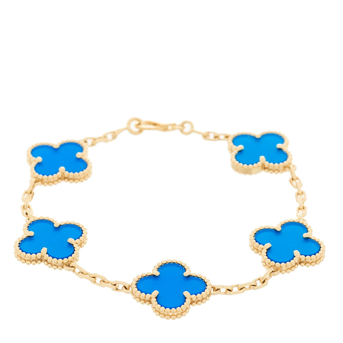 18K Yellow Gold Blue Agate 5 Motifs Vintage Alhambra Bracelet
