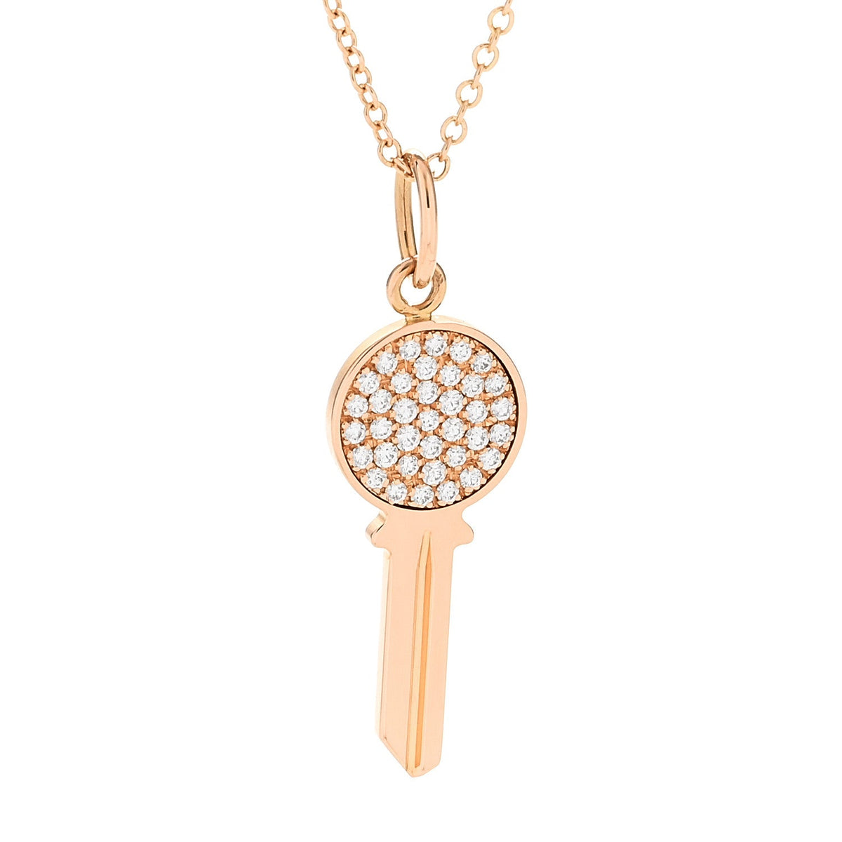 18K Rose Gold Diamond Mini Modern Keys Round Key Pendant Necklace