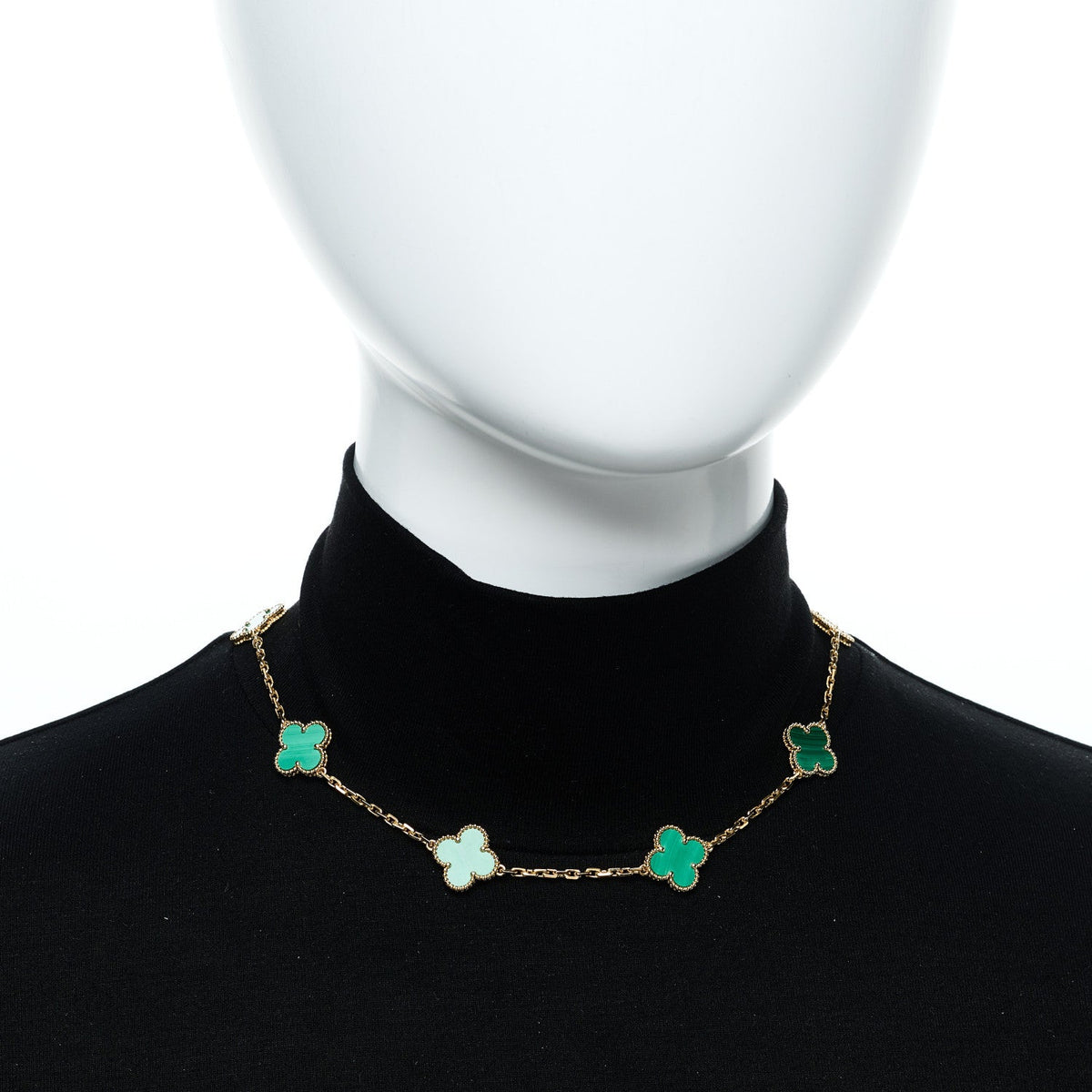 18K Yellow Gold Malachite 10 Motifs Vintage Alhambra Necklace