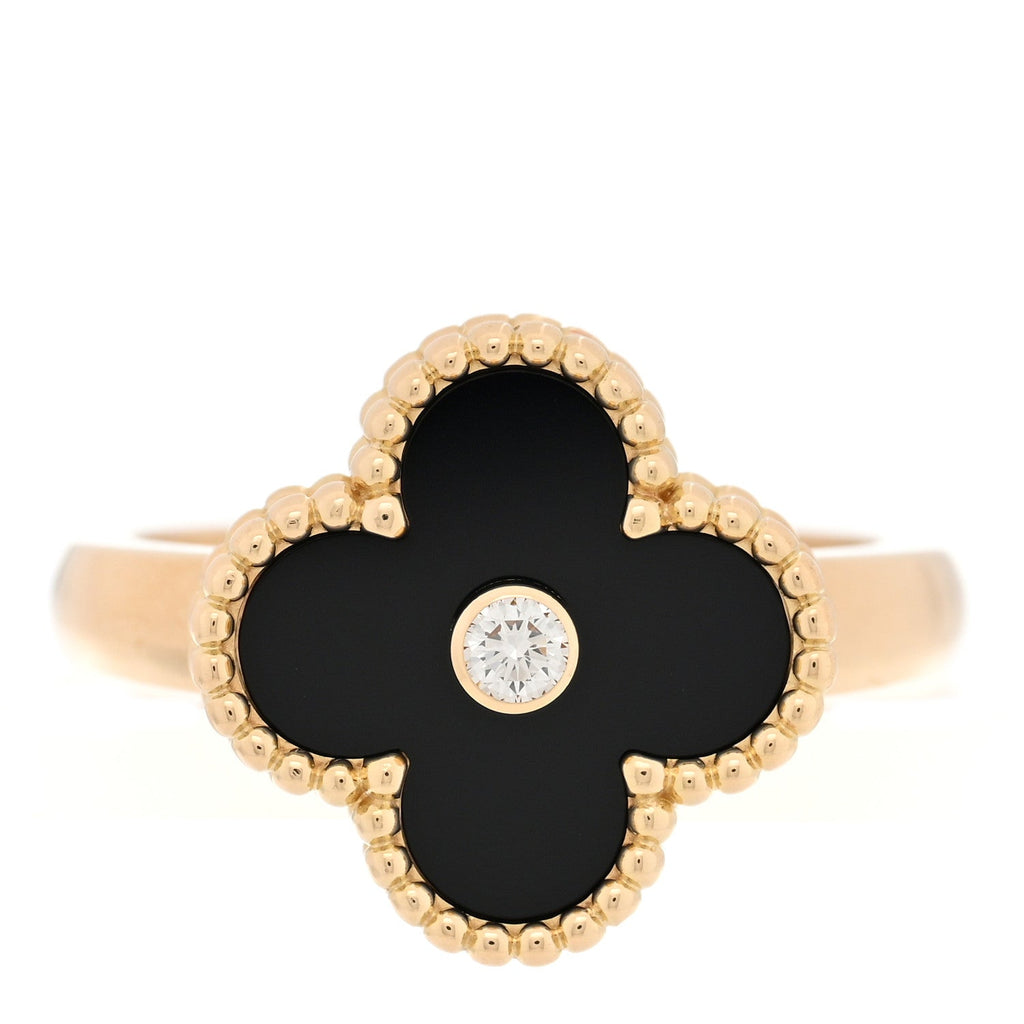 18K Yellow Gold Black Onyx Diamond Vintage Alhambra Ring 56 7.5