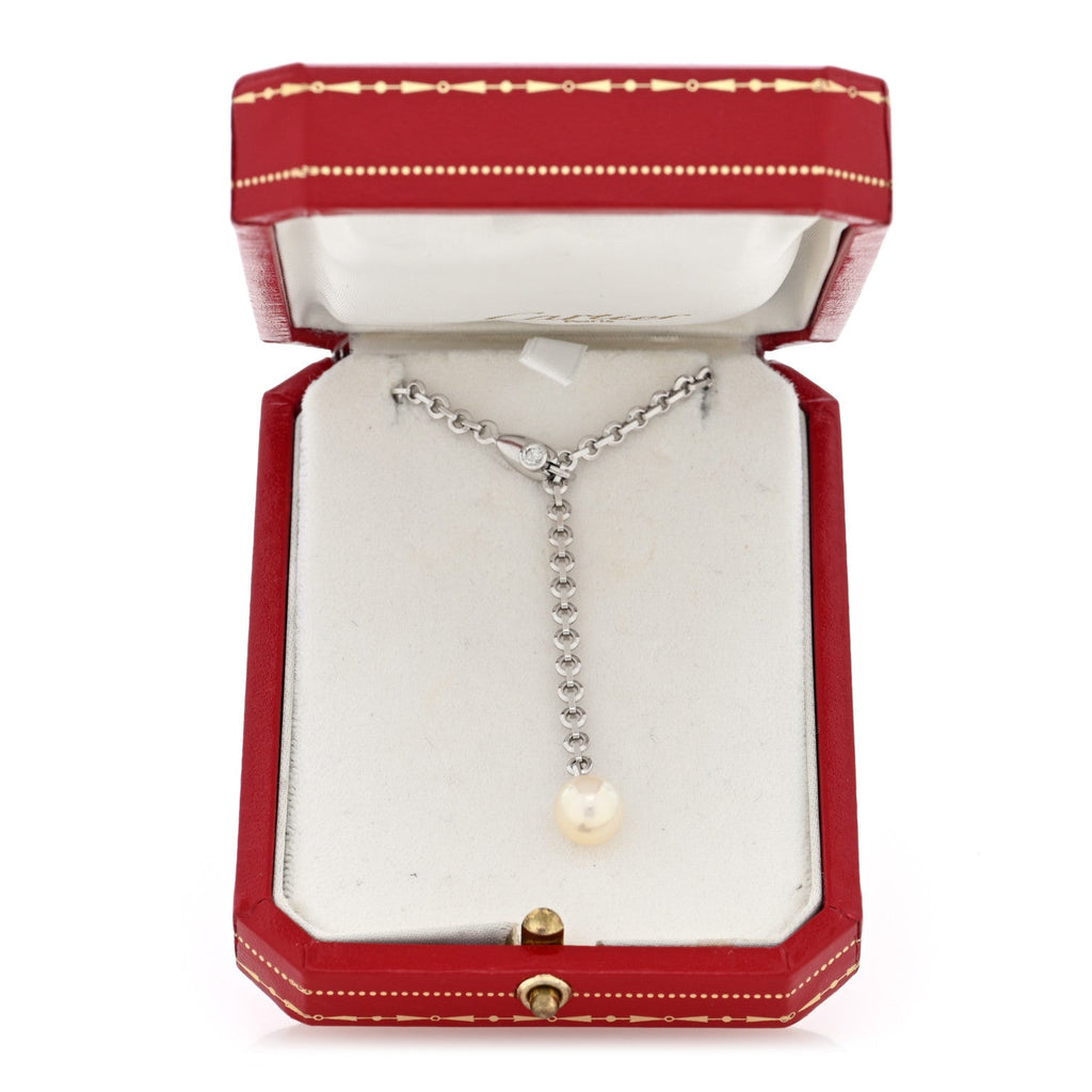18K White Gold Diamond Pearl 8.5mm Lariat Pendant Necklace