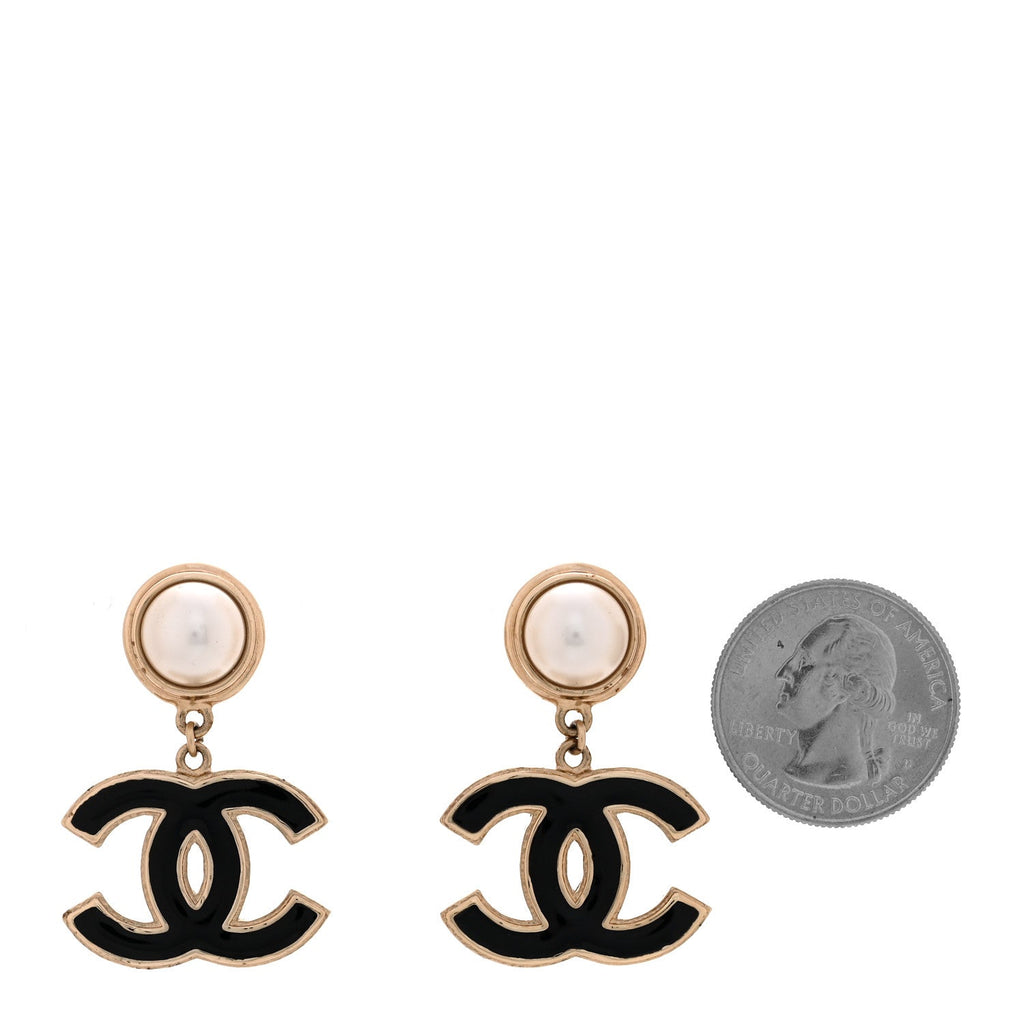 Pearl Enamel CC Drop Earrings Black