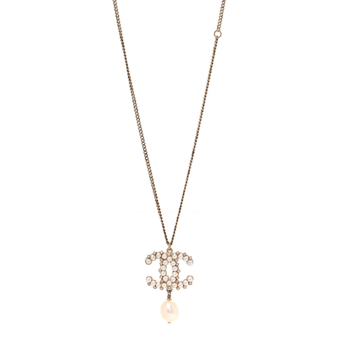 Crystal Pearl CC Drop Necklace Gold