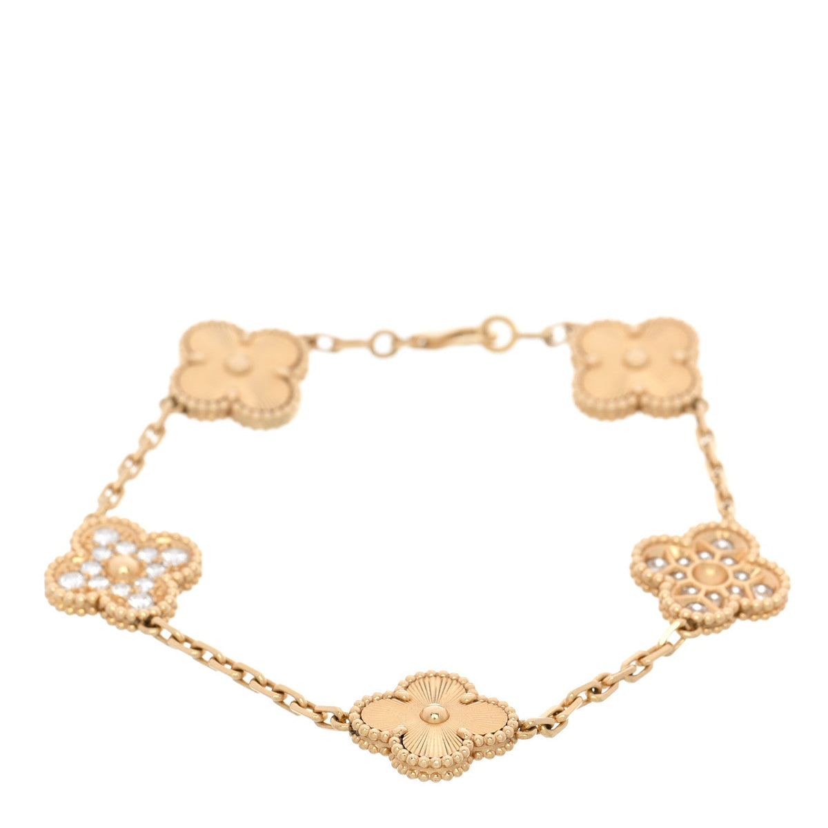 18K Yellow Gold Diamond 5 Motifs Guilloche Vintage Alhambra Bracelet