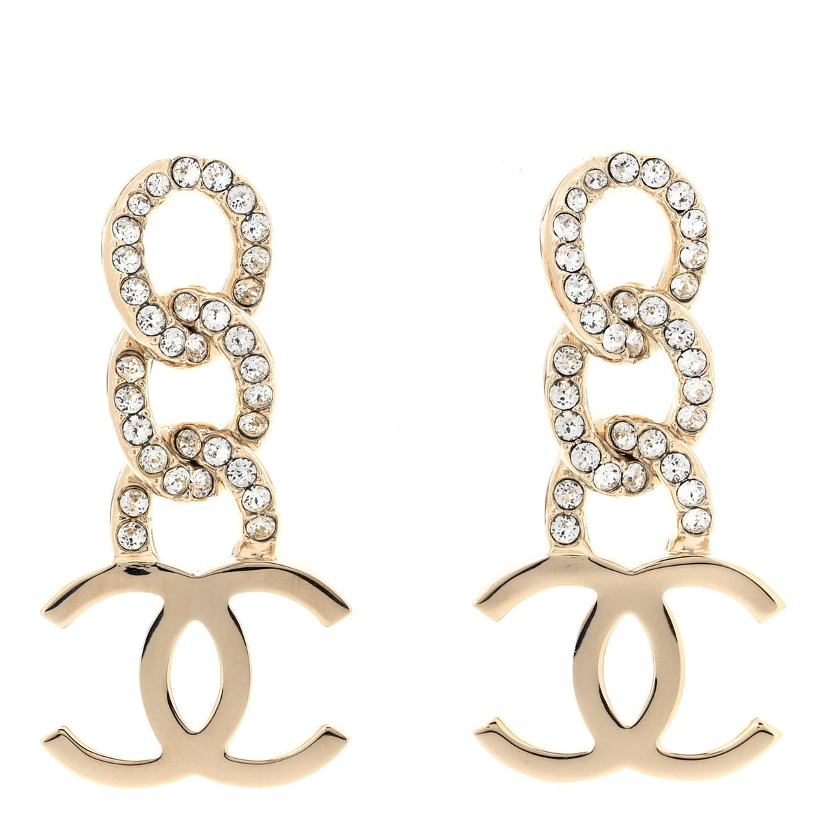 Metal Crystal CC Chain Drop Earrings Light Gold