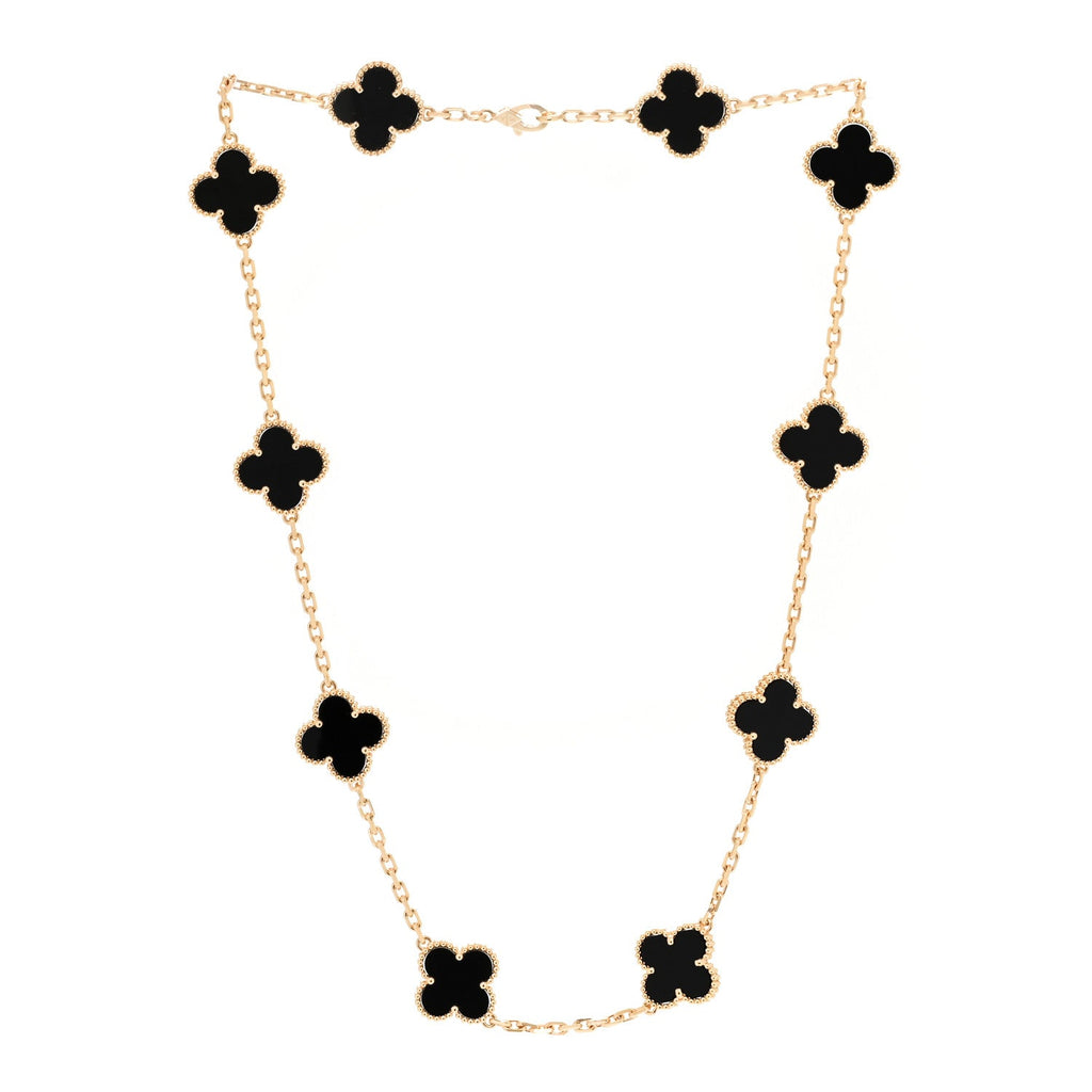 18K Yellow Gold Black Onyx 10 Motifs Vintage Alhambra Necklace