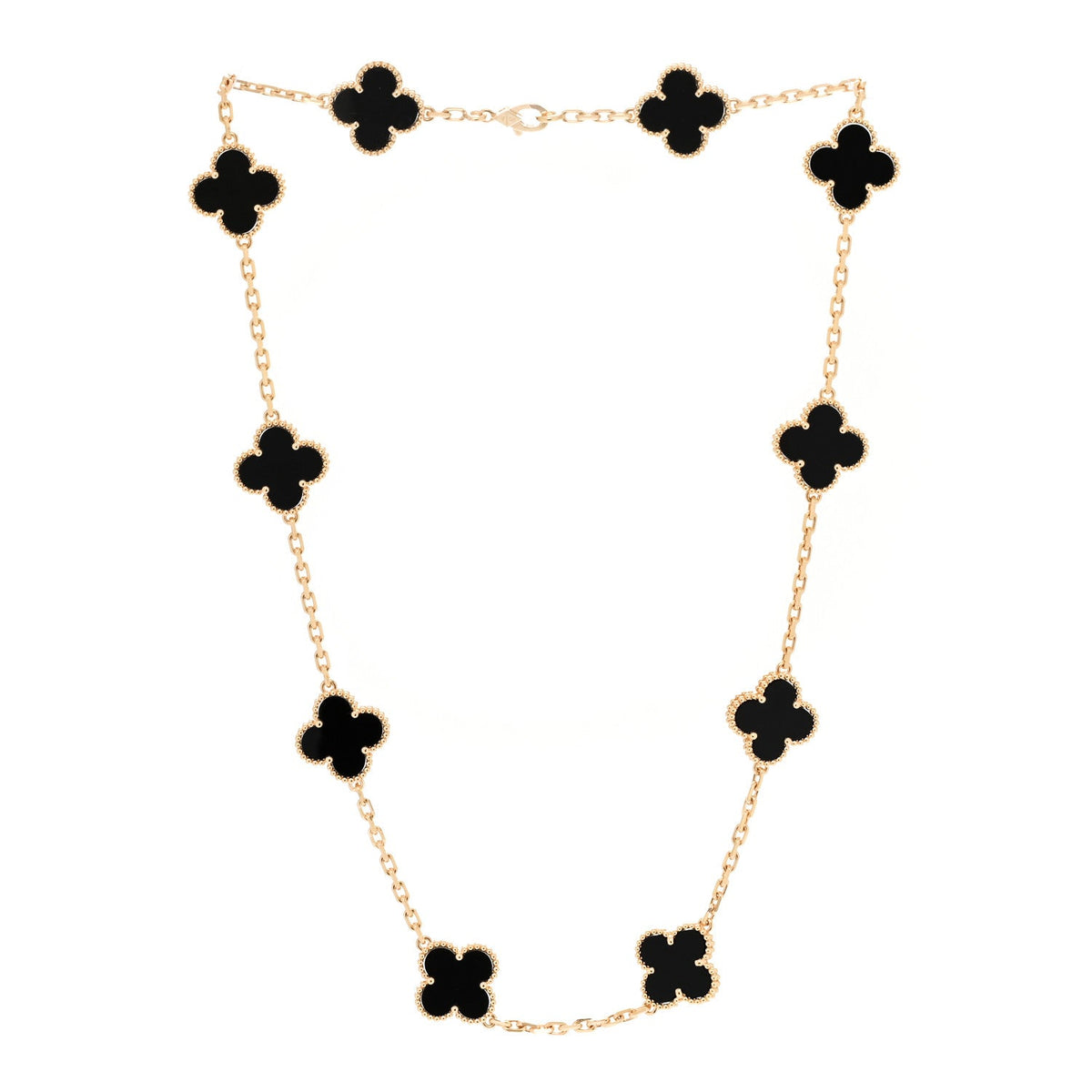 18K Yellow Gold Black Onyx 10 Motifs Vintage Alhambra Necklace