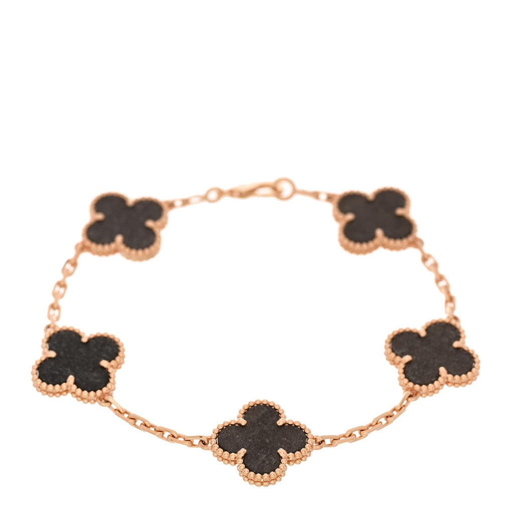 18K Rose Gold Silver Obsidian 5 Motifs Vintage Alhambra Bracelet