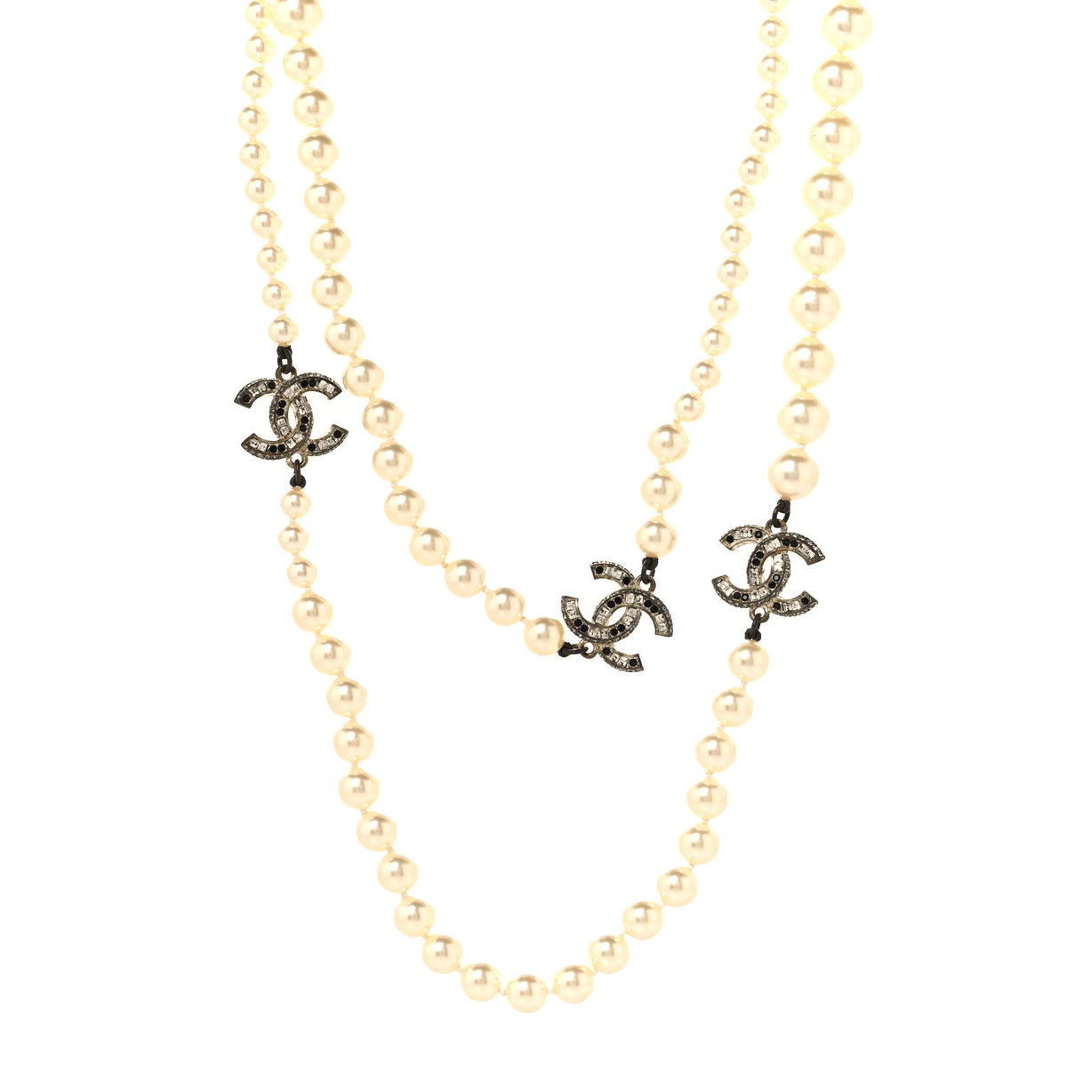Graduated Pearl Crystal CC Long Necklace Gold Black